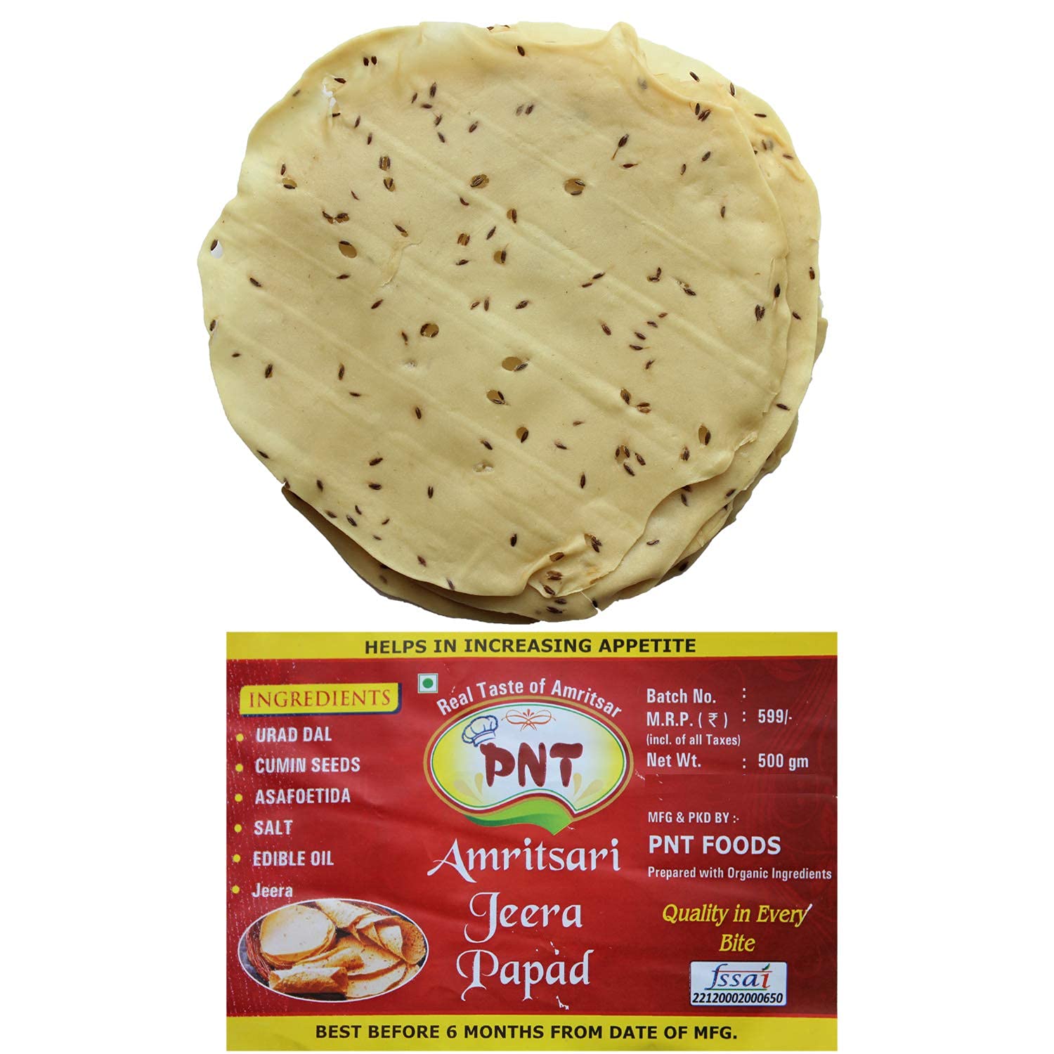 PNT Amritsari Handmade Crispy Premium Papad (Jeera, 500g) (B08P73DBY4) Amazon Price History, Amazon Price Tracker