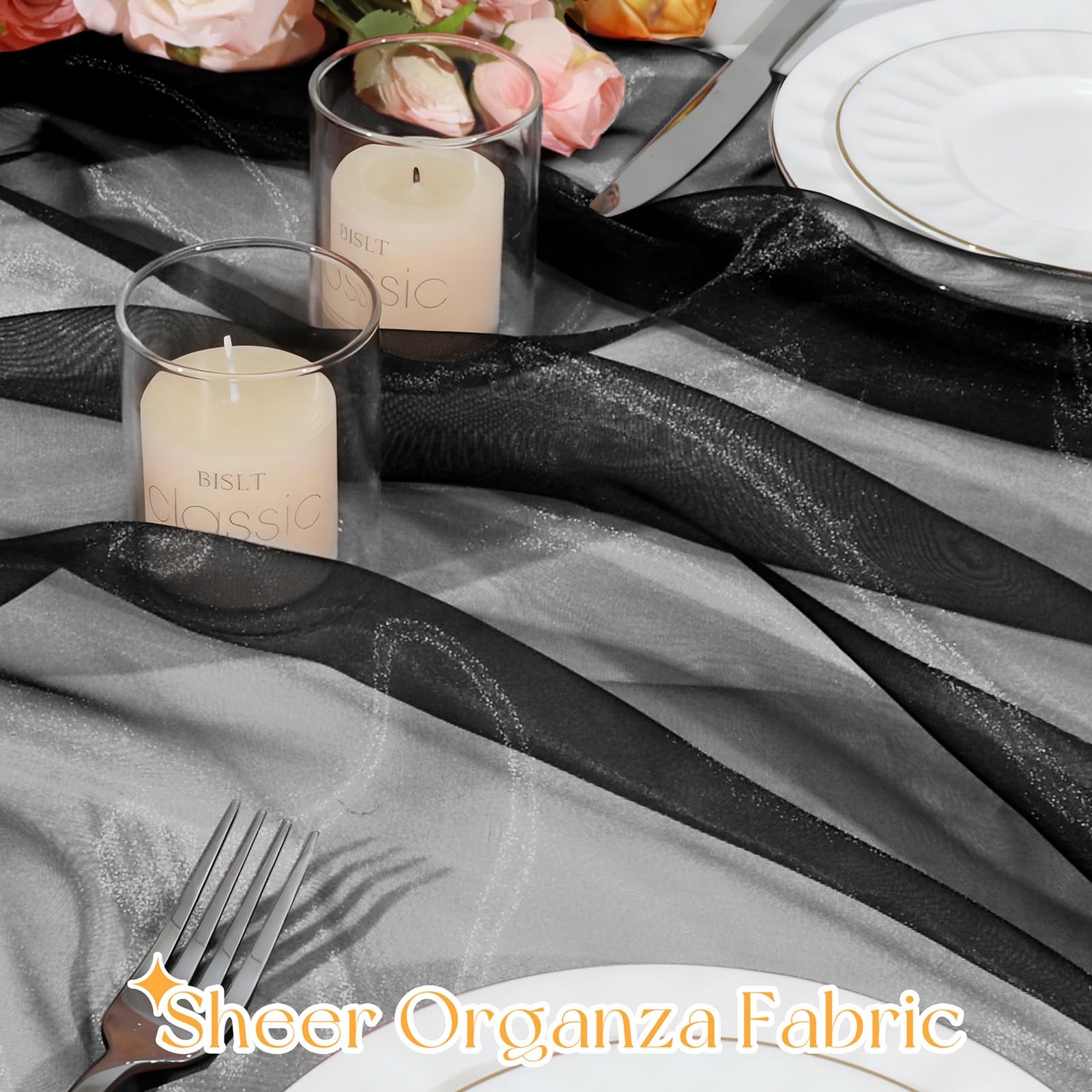 Black Organza Fabric by The Yard, 60 Inch Wide 1 Yard Silk Sheer Organza Fabric Bridal Sheer Tulle Fabrics Roll for Wedding Decorations, Bridal Dress Overlay, Party Backdrop, Curtains - 5