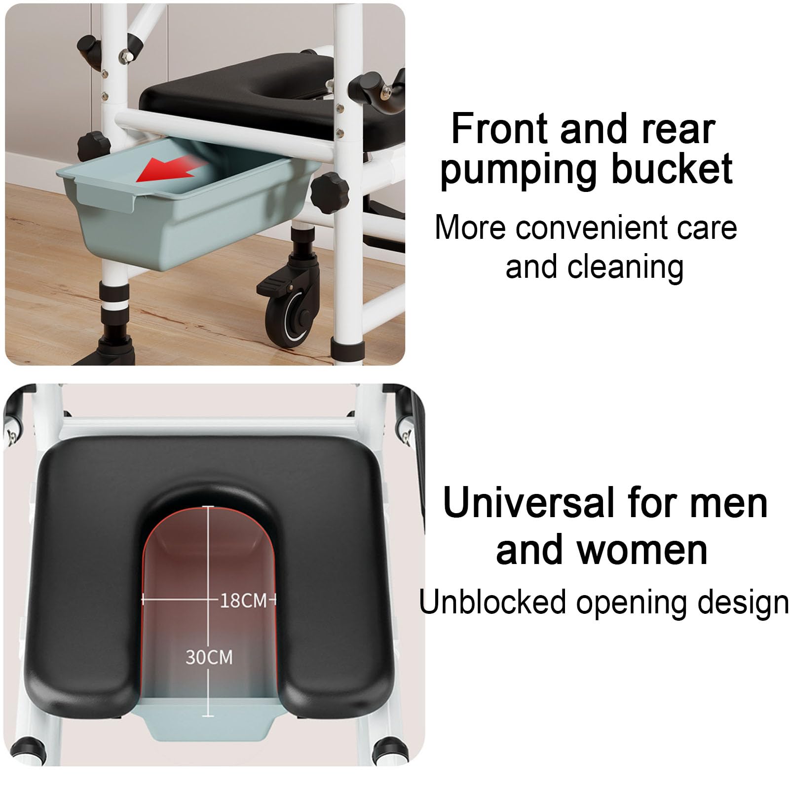 Silla Ducha con Ruedas, Silla De Ducha con Respaldo Y Apoyabrazos, Silla WC Personas Mayores con Cubeta Extraíble, Reposapiés Y Reposabrazos Abatibles, Altura Ajustable, Carga hasta 100kg