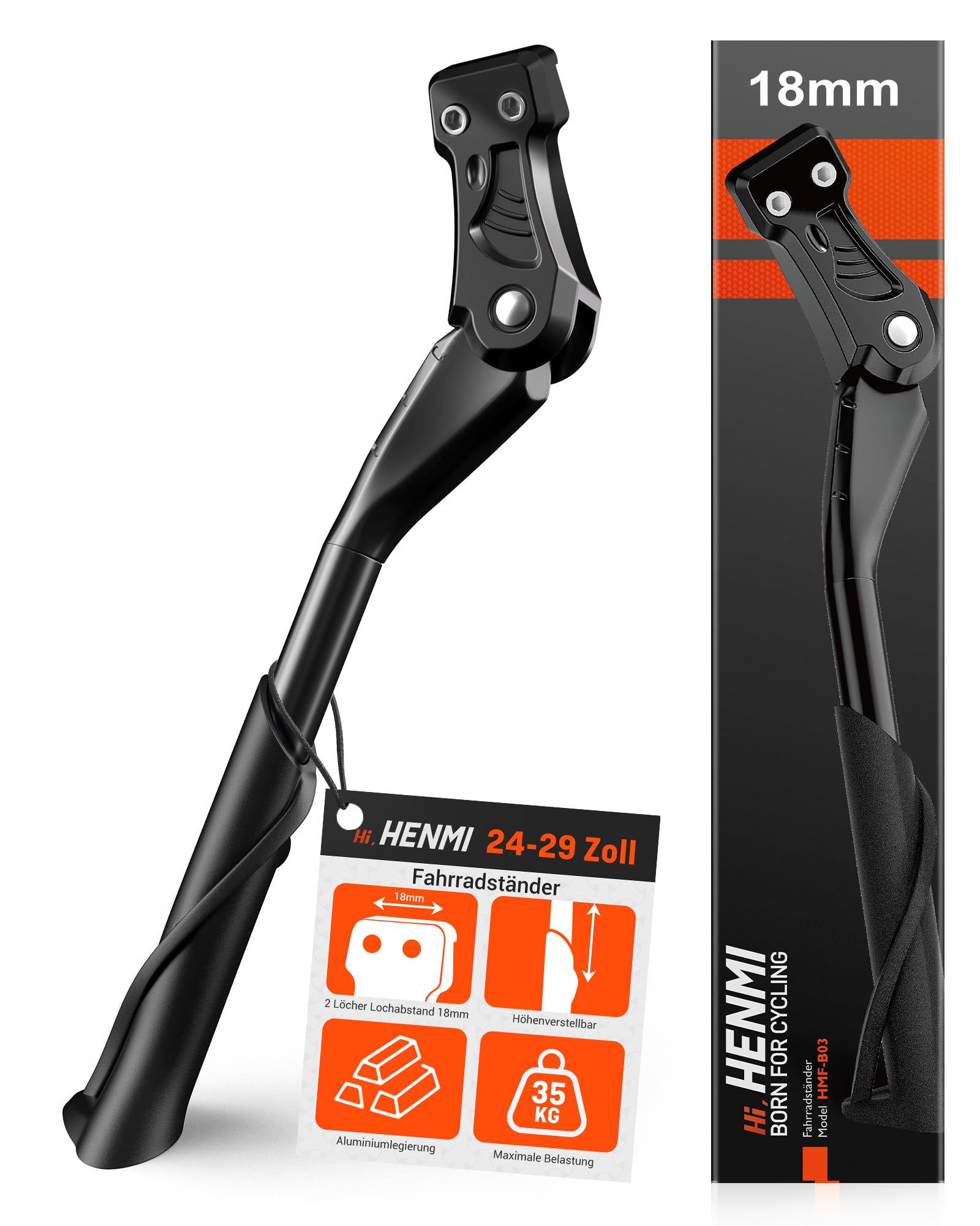 HENMI Fahrradständer 24-29 Zoll,Fahrradständer mit 2 Löchern,Stabil Seitenständer,Konzipiert für E-Bike und MTB,40mm Loch für M6 Schrauben,18mm Loch für M5/M6 Schrauben geeignet