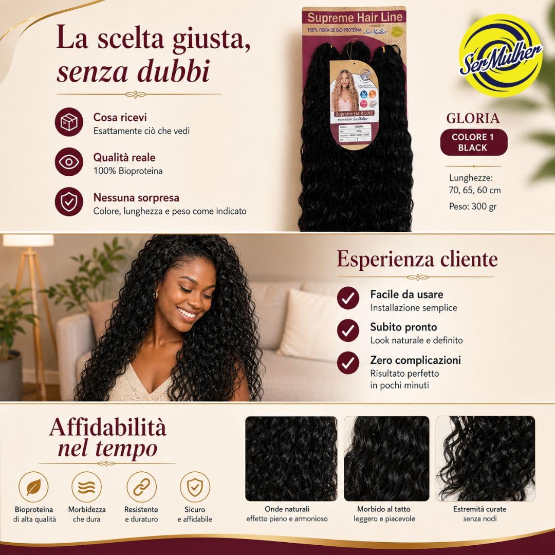 Extension Capelli per Crochet Braids in Bioproteina, Effetto Ondulato, 300gr - Texture 100% Naturali, per Hair Styling Ondulati e Ordinato, 3 Lunghezze 70, 65, 60cm, GLORIA (Brown/Honey Blonde Meches)