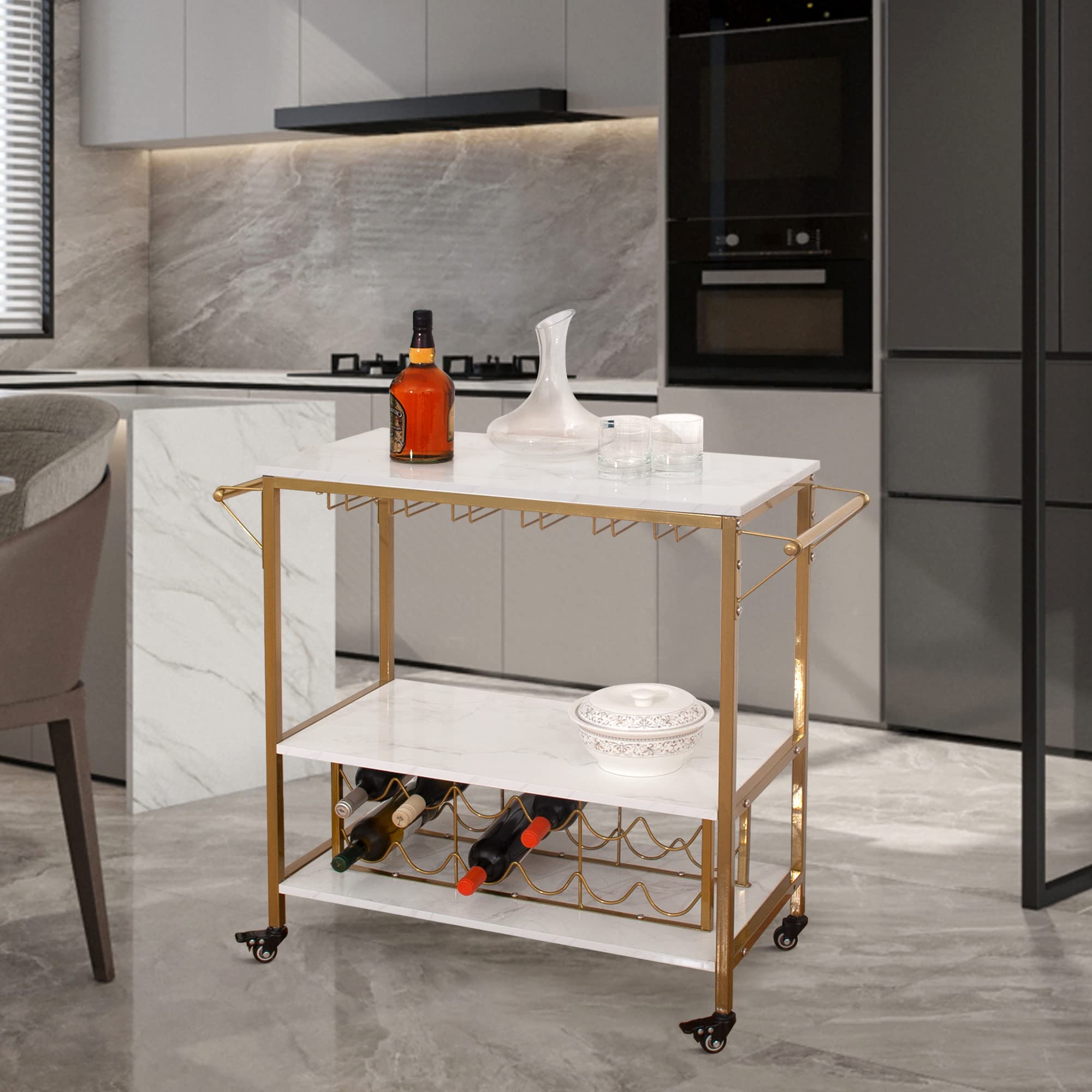 AZL1 Life Concept Bar-Servierwagen, Flaschenaufbewahrung und Weinglasregal, Kunstmarmor, goldfarben