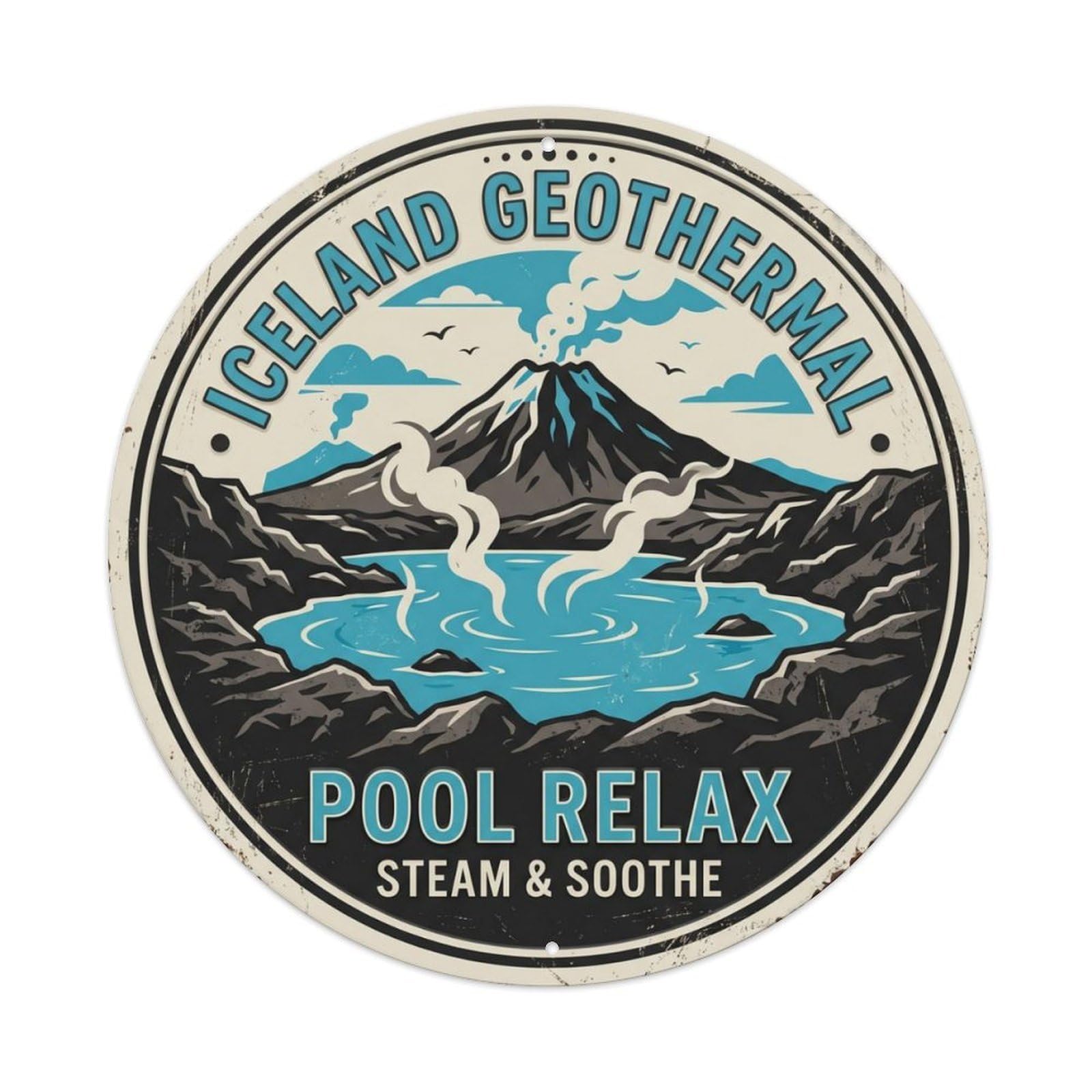 Geothermal Pool Relax Iceland Spring Metal Tin Sign Plaque Wall Decor for Cafe, Club Bar, Office, Home Garden Round Metal Poster 8x8Inch