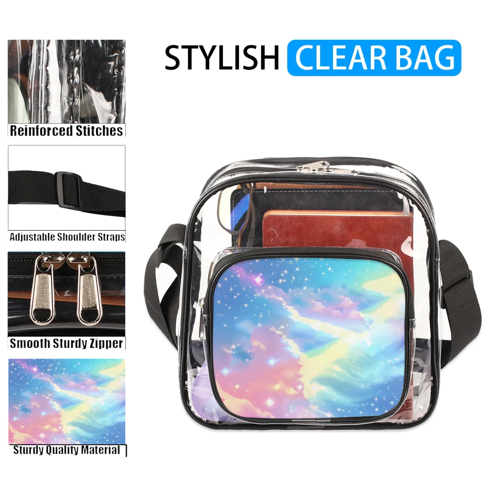 Clear Crossbody Bag Stadium Approved Unicorn Background Transparent Bag for Festivals, Sports Events, Concerts,Beach Bag for Women Men Clear Purse with Front Pocket Messenger Bag with Adjustable Strap