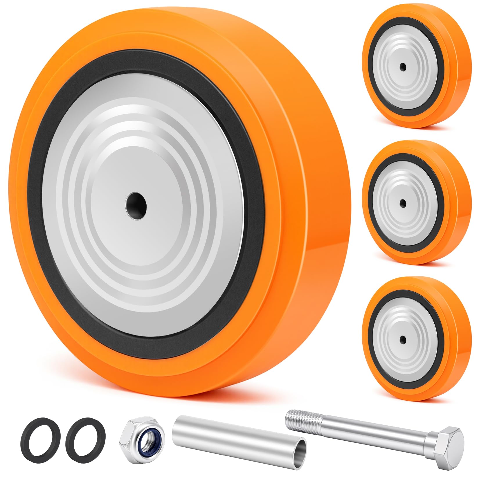 Ruote di Ricambio 200x50 mm (8" x 2") per Carichi Pesanti, Poliuretano, Portata 2000 kg, Doppi Cuscinetti con Parapolvere, Foro 12,7 mm (1/2"), per Grandi Strumenti, Apparecchi, Set di 4