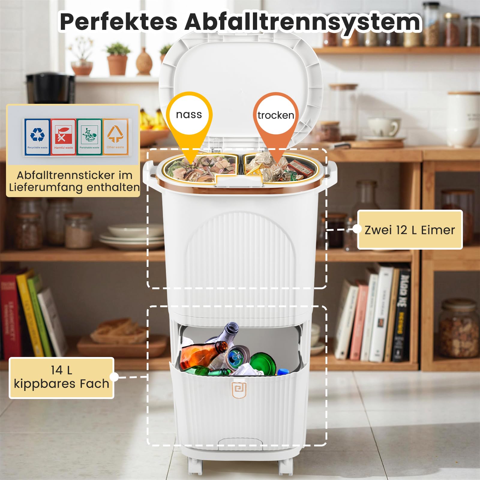 COSTWAY Mülleimer Küche, Mülltrennsystem 3 Fächer, 2 x 12L Inneneimer & 14L Treteimer, Abfalleimer mit Rollen, Deckel, Pedal & Haken, Tretmülleimer Abfallsammler für Küche (Weiß)