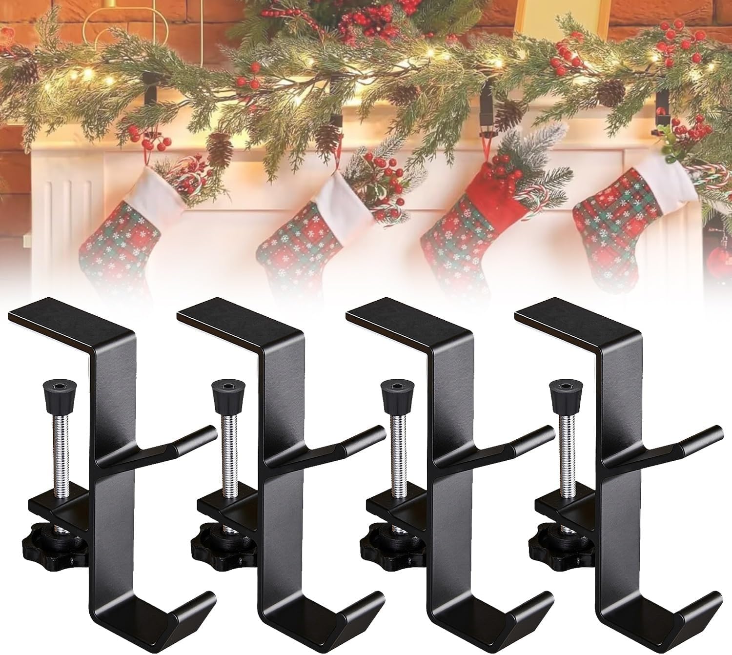 Fireplace Stocking and Garland Hanger for Mantel,2 In 1 Garland and Stocking Mantel Holders with 2 Hooks,Adjustable Heavy Duty Stocking Hooks,No Drill Christmas Stocking & Garland Hanger (Black, 4Pcs)