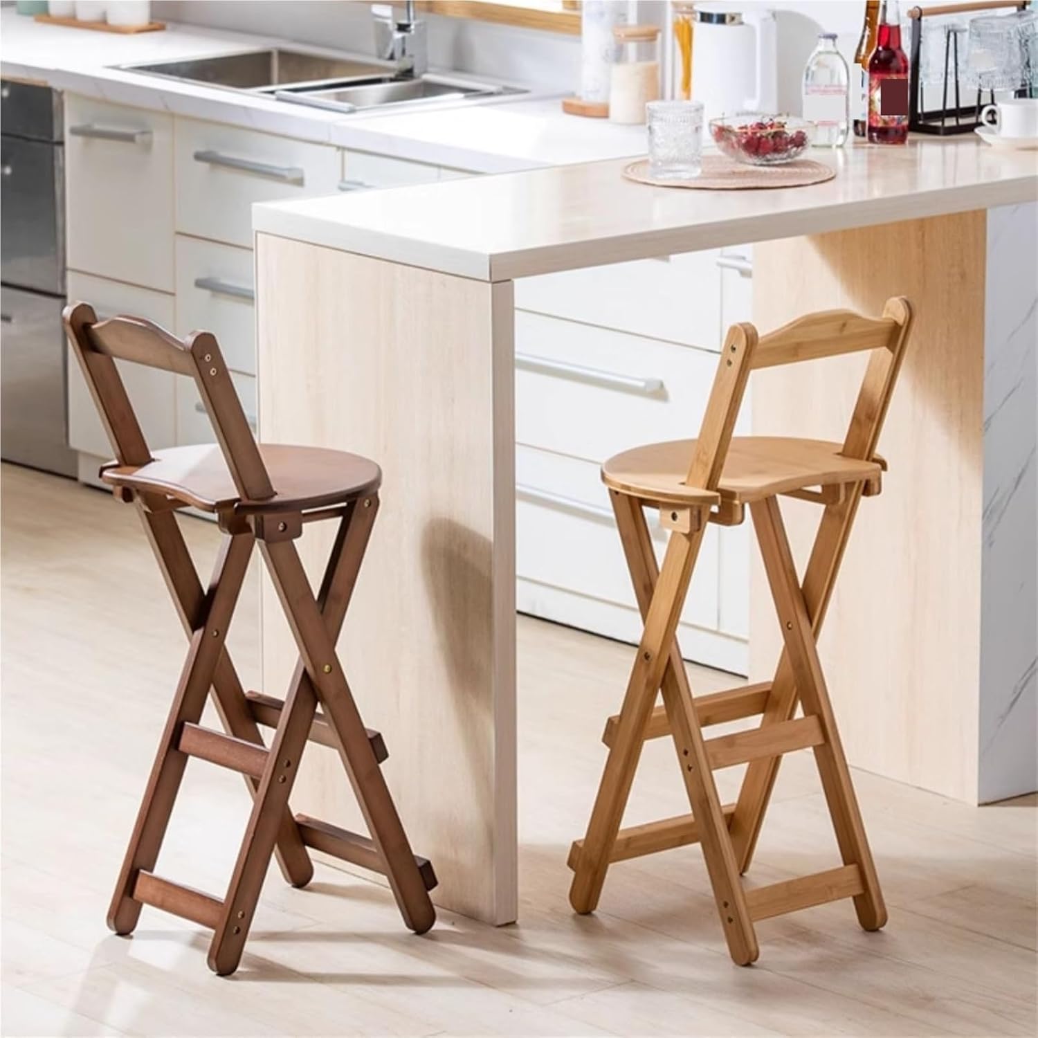 Folding Stool with Backrest - Portable Bamboo Lounge Chair for Home, Kitchen, Dining Room, Living Room - Foldable Wooden Accent Stool
