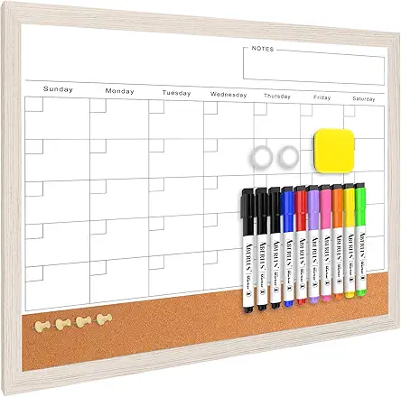 Monthly Whiteboard Calendar & Corkboard for Wall, Magnetic...