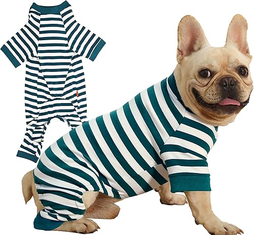 Pijama para perro, pijama a rayas, pijama para perro mediano, mameluco para perro y niña, overol para perro Pitbull Bulldog, rayas verdes y blancas,