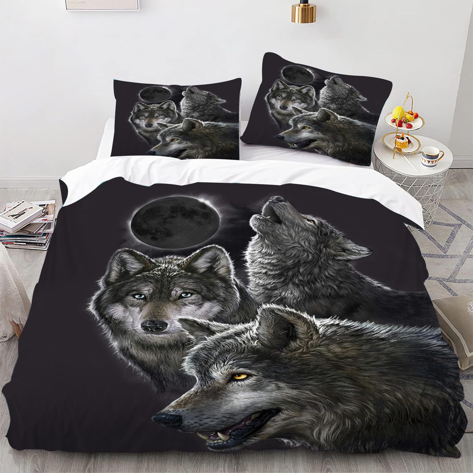 SMchwbc Wolf Bed Linen 135 x 200 cm Children's Animal 3D Wolf Duvet Cover Set for Teenagers, Wolf Bed Linen Set 3-Piece Black Blue with Zip (135 x 200 cm, 10)