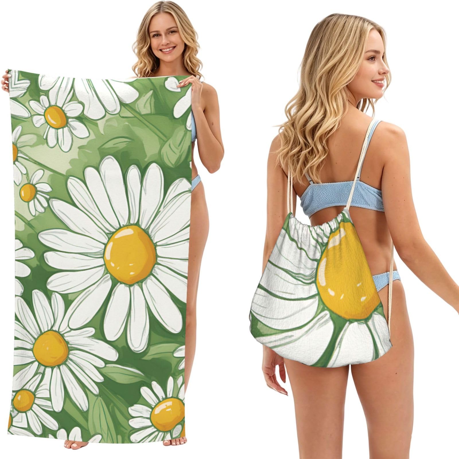 aacxzff Daisy Print 2 in 1 Packable Towel Bag, Drawstring Beach Towel Backpack,80x160cm for Beach trips