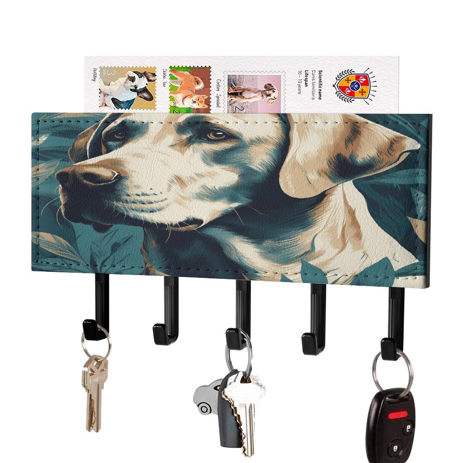 Fekiloot Black-Style Dog In Leaves Key Holder Wall Mount Key Hanger With 5 Hooks Decorative Key Rack Hanging Key Hooks With Mail Organizer Key Holder For Wall Living Room Kitchen Bathroom Hallway Black