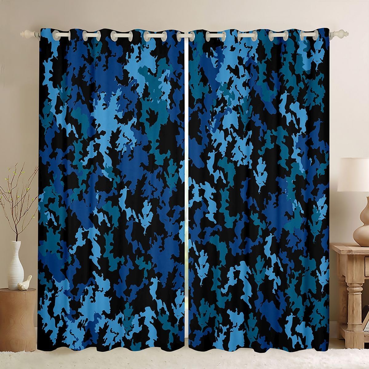 Castle Fairy Modern Camo Window Curtains Graffiti Military Window Drapes,Tribal Style Window Treatments,Dark Blue Kids Boys Girls Room Decor, Grommet Top 2 Panel Set Bedroom Curtains, 42Wx84L inch