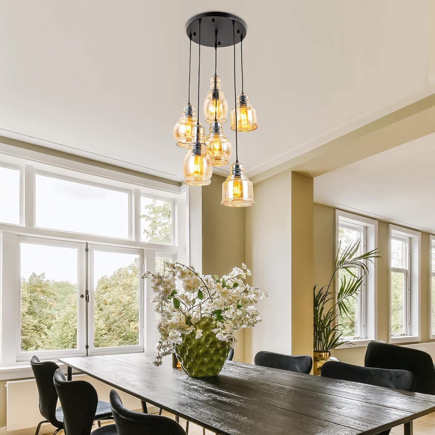 Glass Pendant Chandelier for Dining Room, Hanging Modern Cluster Globe Pendant Lighting, 6 Lights Barn Ceiling Kitchen Island Light Matte Black Gold Finish for Foyer,Hallway, Bedroom