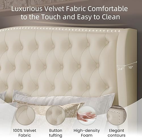 Miniatura 6 de Marco de cama tapizado tamaño Queen en terciopelo color beige con cabecera y pie de cama acolchados con botones profundos y soporte de listones de