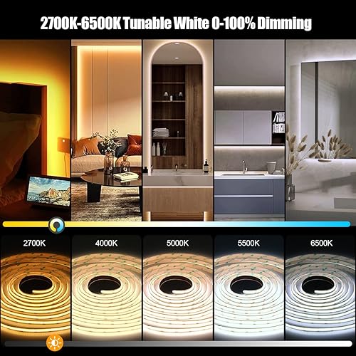 Miniatura 4 de COB - Tira de luz LED blanca cálida para enfriar, 2700K-6500K, tira de luz COB blanca brillante de 16.4 pies con control remoto y aplicación, 24 V