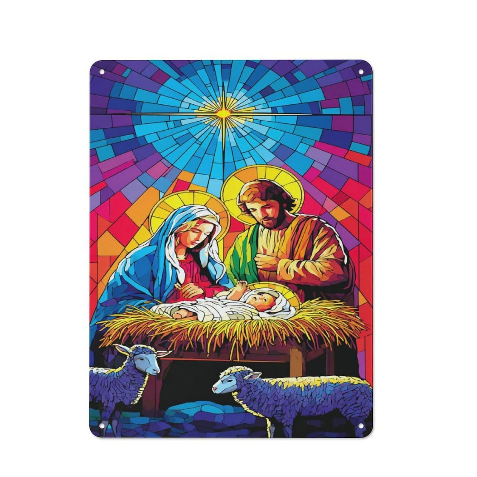 Junmoney Stained Glass Nativity Scene Vintage Metal Plaque 40X30cm For Guest Room Or Hallway, A Decorative Christmas Gift For Guest Room Decorators
