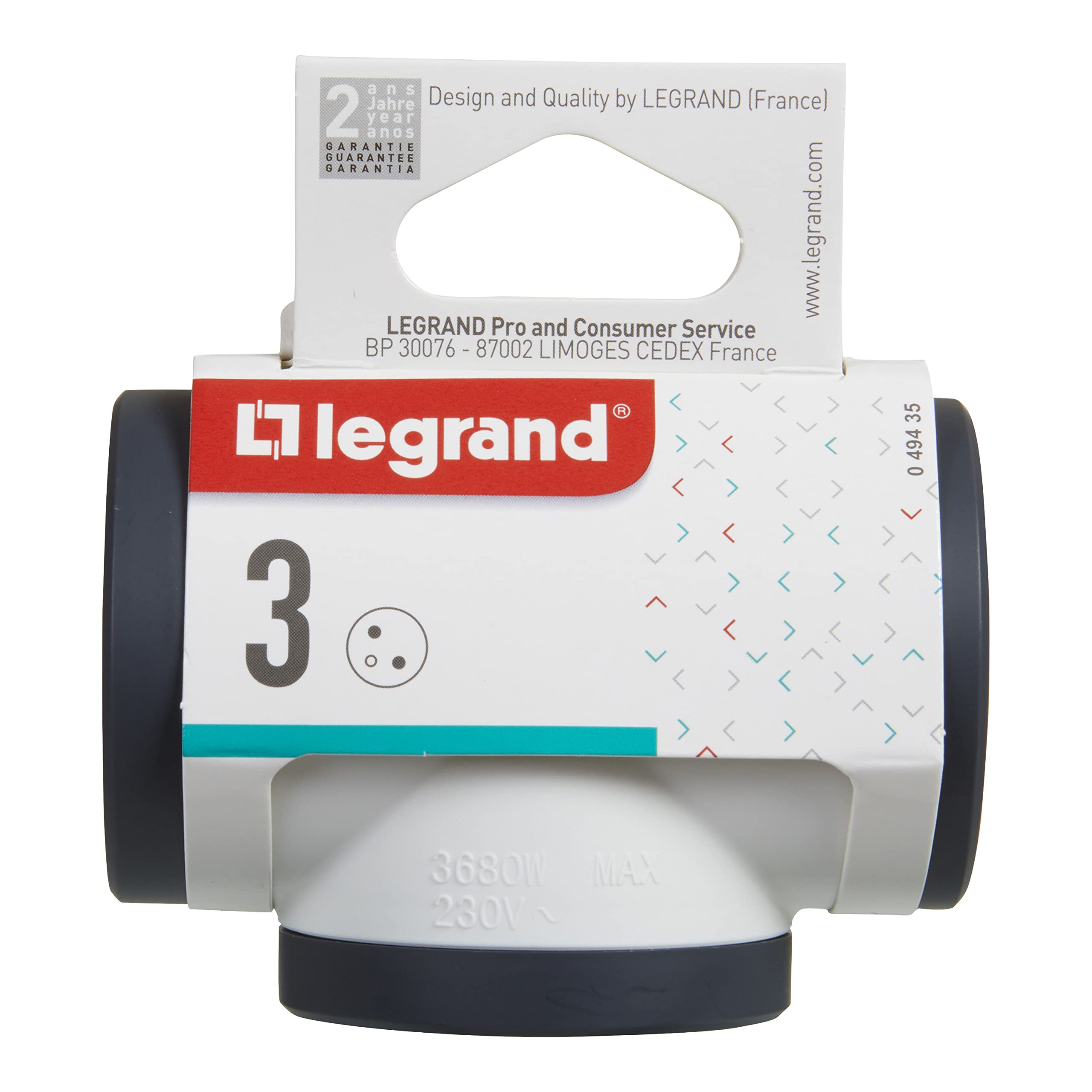 LEGRAND - Triplite wtyczka zasilająca - 3 boczne gniazda w kształcie litery T z uziemieniem - Wbudowane zabezpieczenie przed dziećmi - biała i ciemnoszara