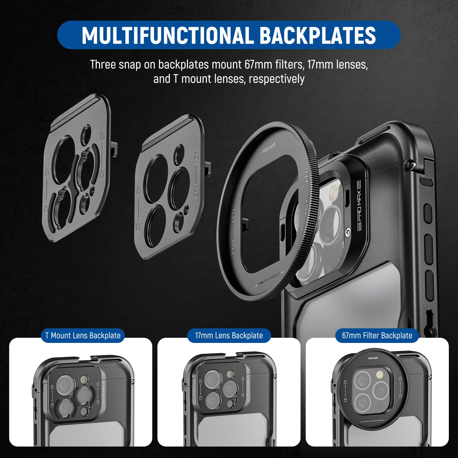 NEEWER Cage Per IPhone 16 Pro Max – Kit Video Rig Con Maniglie, Filtro 67mm E Attacco Lenti 17mm E T-Mount