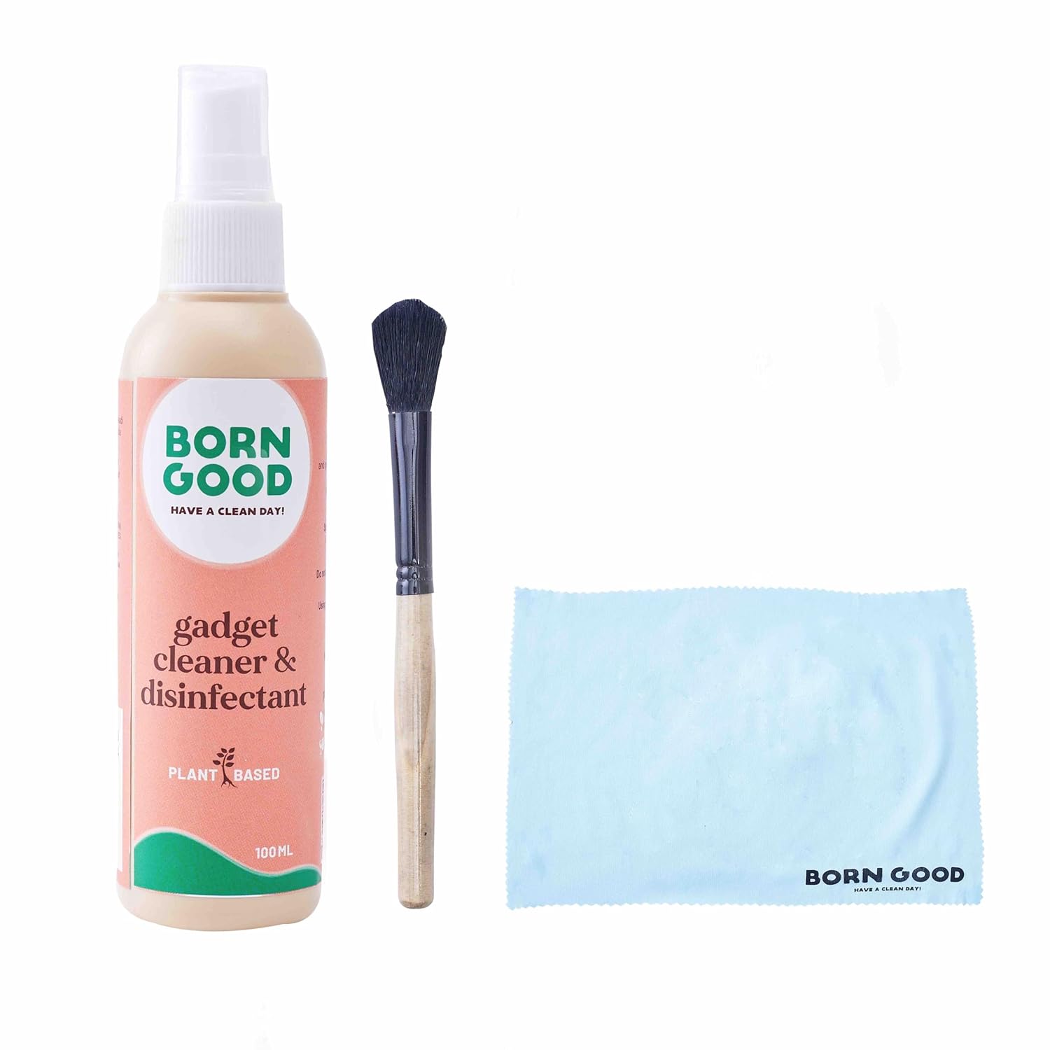 Born Good 3-in-1 Plant-Based Electronics & Gadget Disinfectant Cleaner Kit for Laptop, Smartphone, Monitor, Tablet, Camera, TVs with 1 Microfiber Cloths & Soft Brush