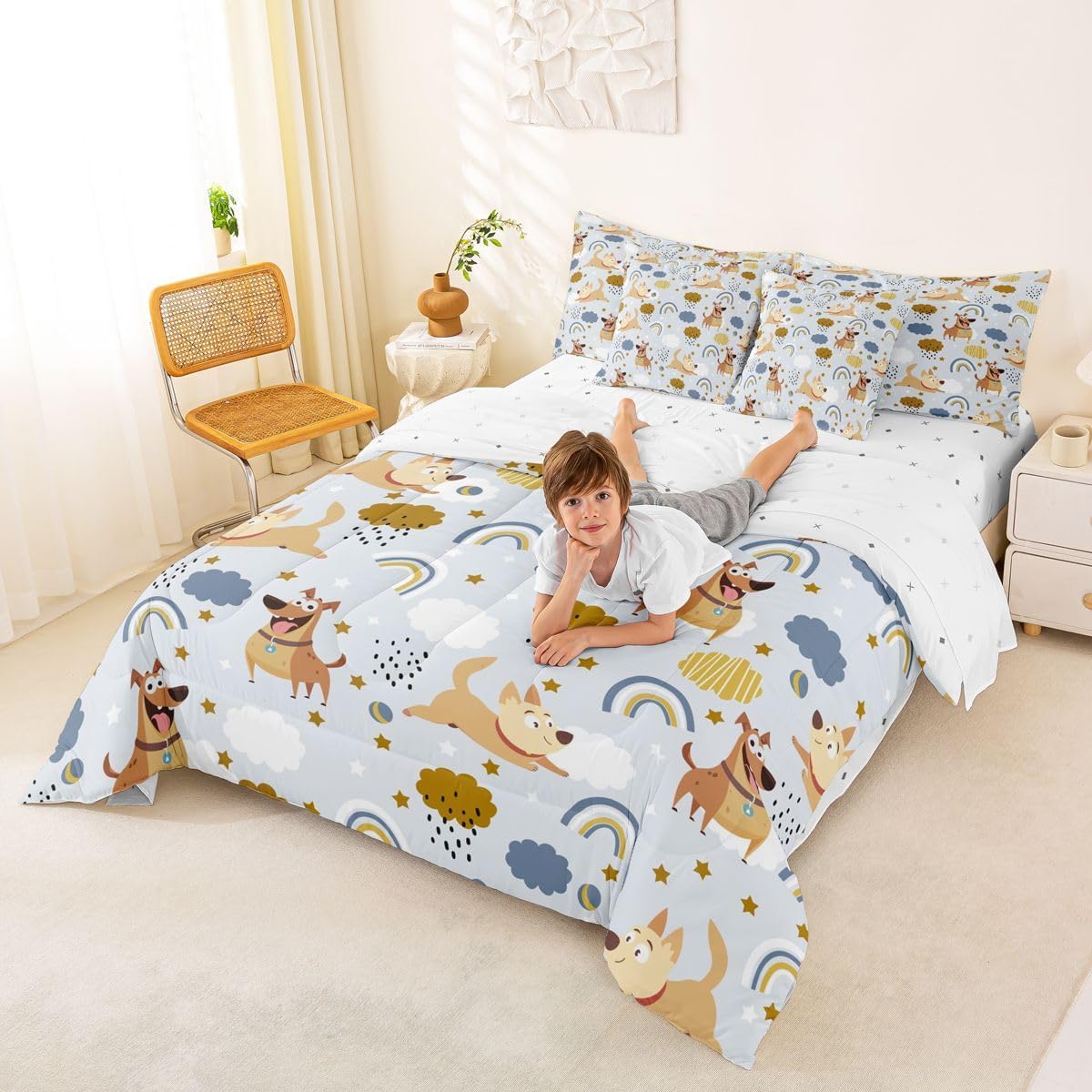 Feelyou Dog Bedding Set for Girls Boys Kids Full Size Rainbow Print Bedding Set Cute Pet Dog Pattern 7 Pieces Kawaii Blue Bed in a Bag,Comforter + Sheets + Pillowcases + Cushion Covers