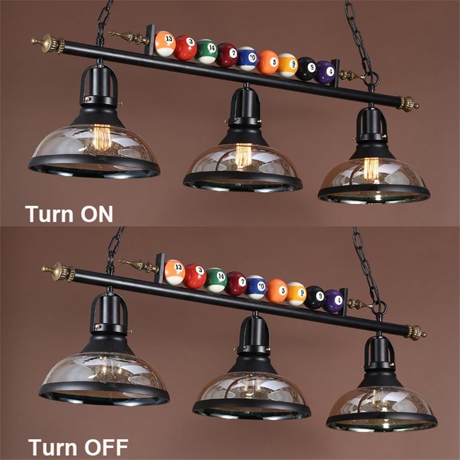 3-Light Pool Table Lighting Fixtures Ceiling Lamp for Game Room Beer Party 7' - 8' Table - Black Metal Ball Design Billiard Pendant Lamp with 3 Glass Shades