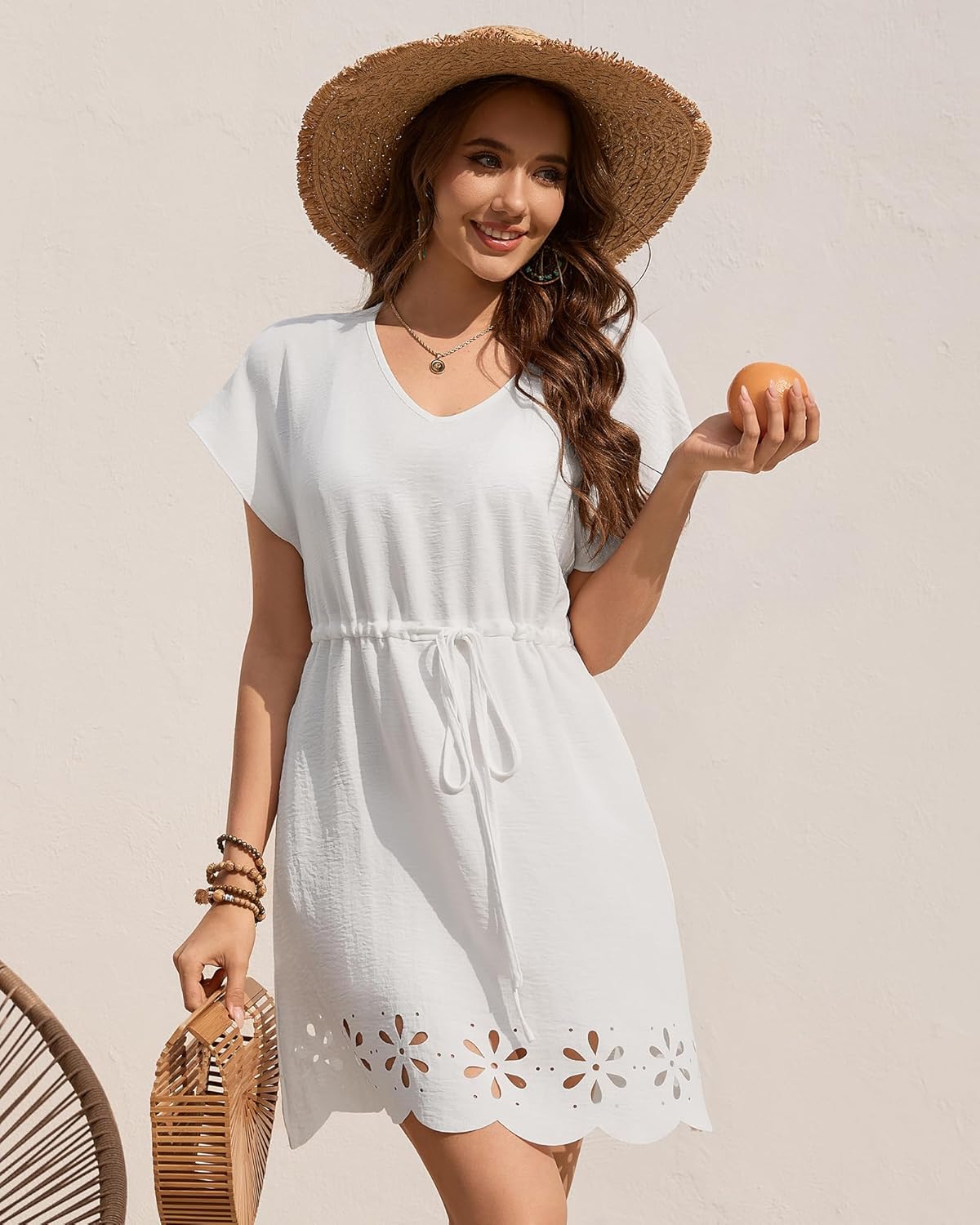 Bsubseach Swimsuit Coverup for Women V Neck Beach Cover Ups with Pockets Drawstring Swim Cover Up Dresses