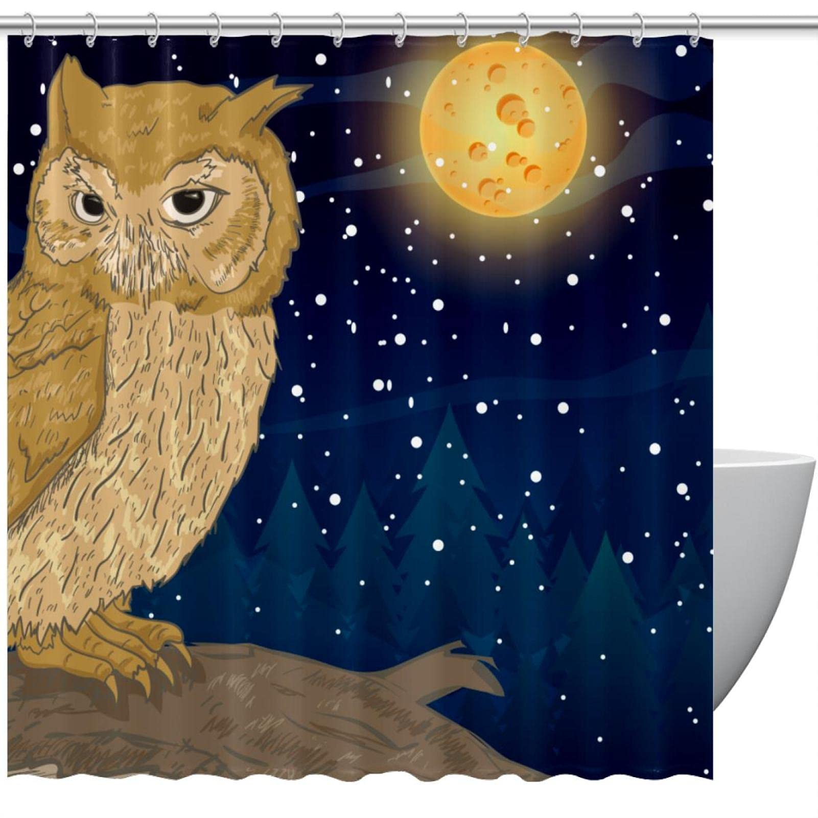 Rideau de douche hibou pleine lune grand format pour baignoire familiale