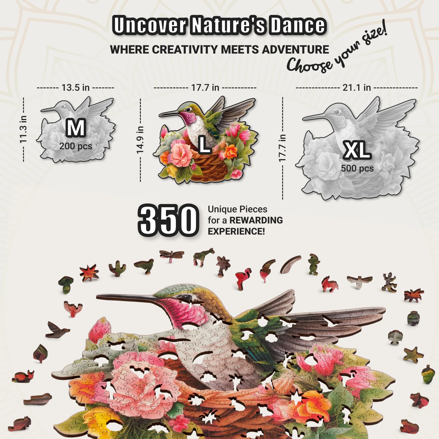 LEOGOR Puzzles en bois pour adultes – 350 pièces, 45 x 37,8 cm – Puzzles en bois extra épais de 5 mm pour adultes, grand puzzle mosaïque en forme d'oiseau, colibri glorieux, pièces uniques dessinées à