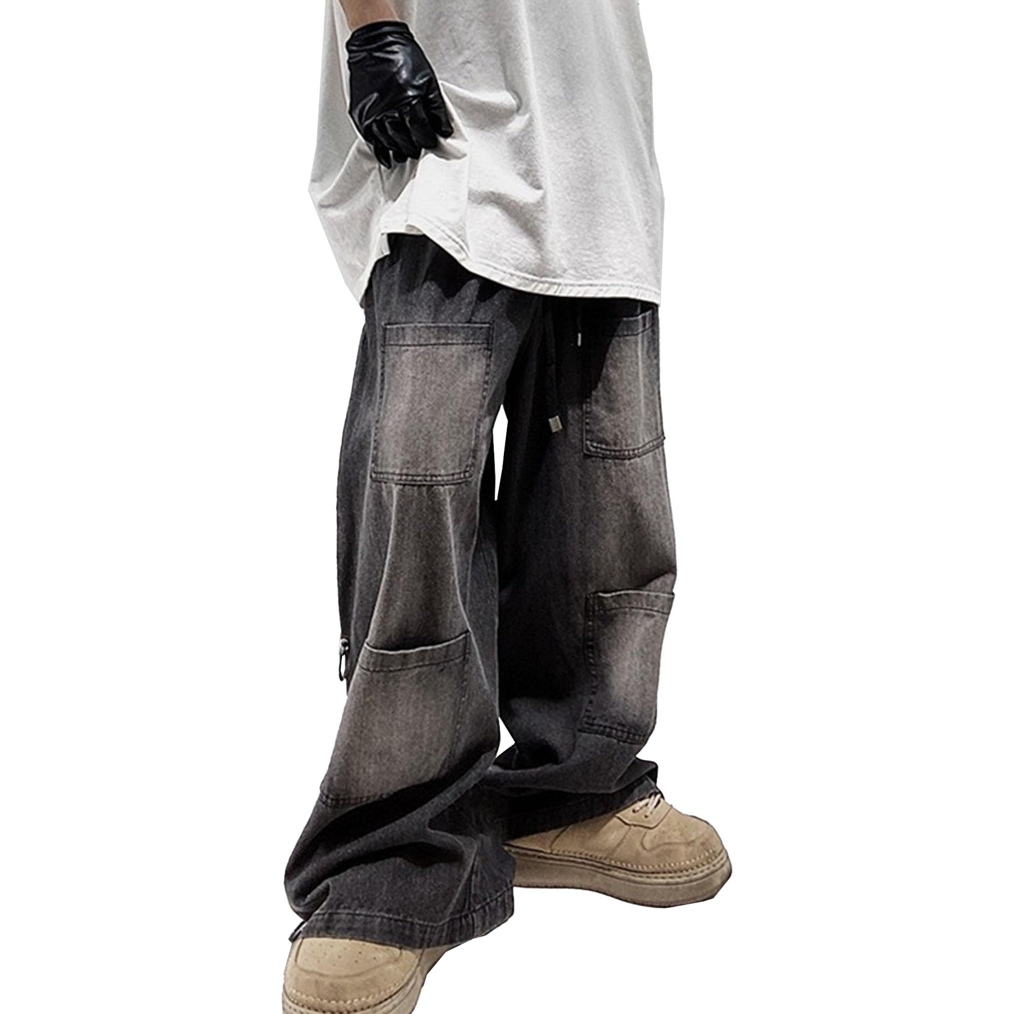 Men's Cargo Relaxed Fit Jeans Loose Hip Hop Denim Pants Baggy Vintage Streetwear Jean Trousers (Black,Medium)