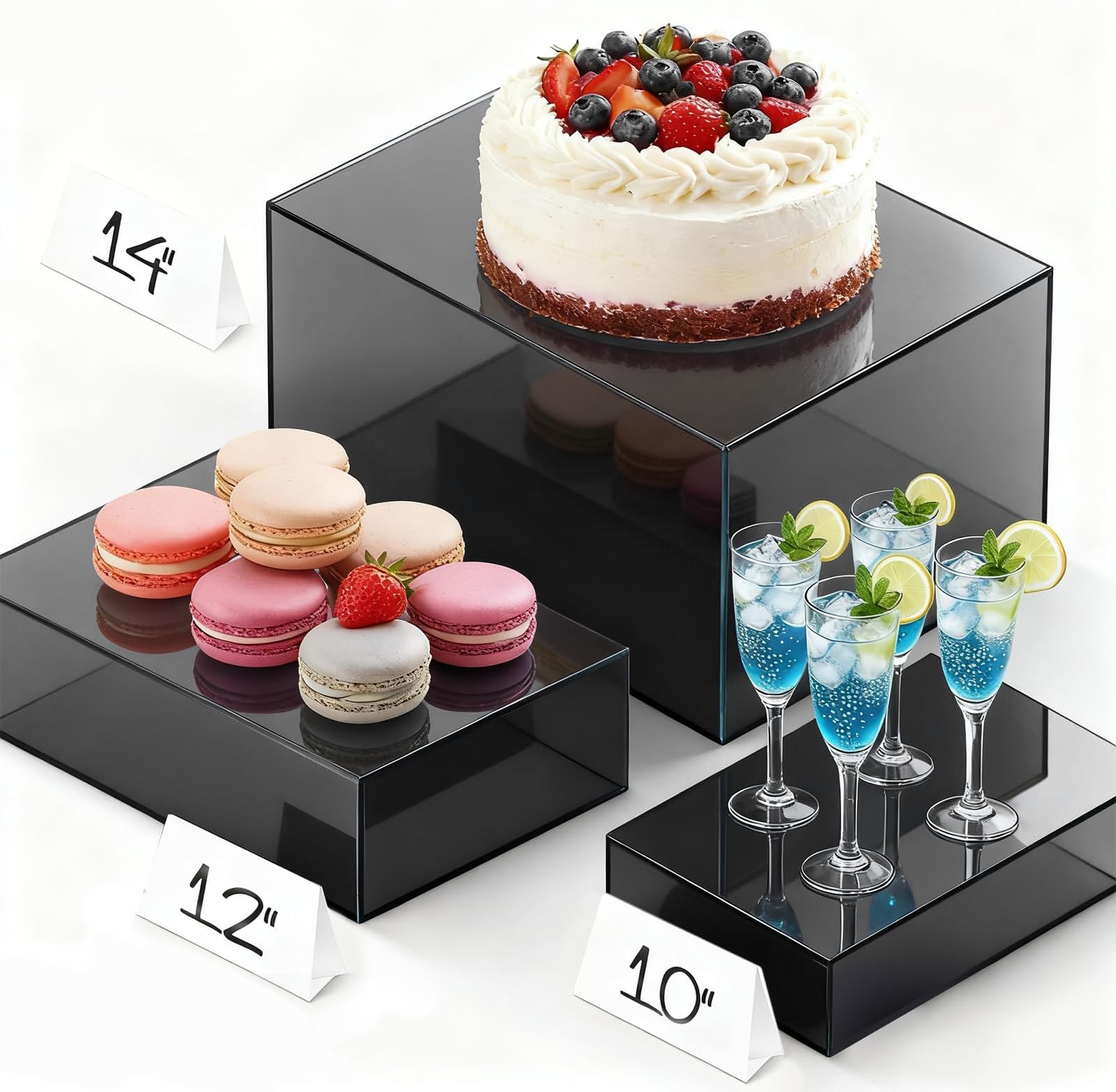 10" 12" 14" Extra Large Acrylic Cube Risers Set of 3, Black Buffet Display Stands with Hollow Bottoms for Party Table, Cupcake Candy Dessert Display