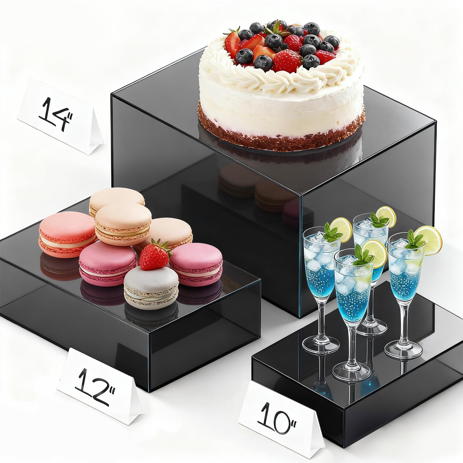 10" 12" 14" Extra Large Acrylic Cube Risers Set of 3, Black Buffet Display Stands with Hollow Bottoms for Party Table, Cupcake Candy Dessert Display
