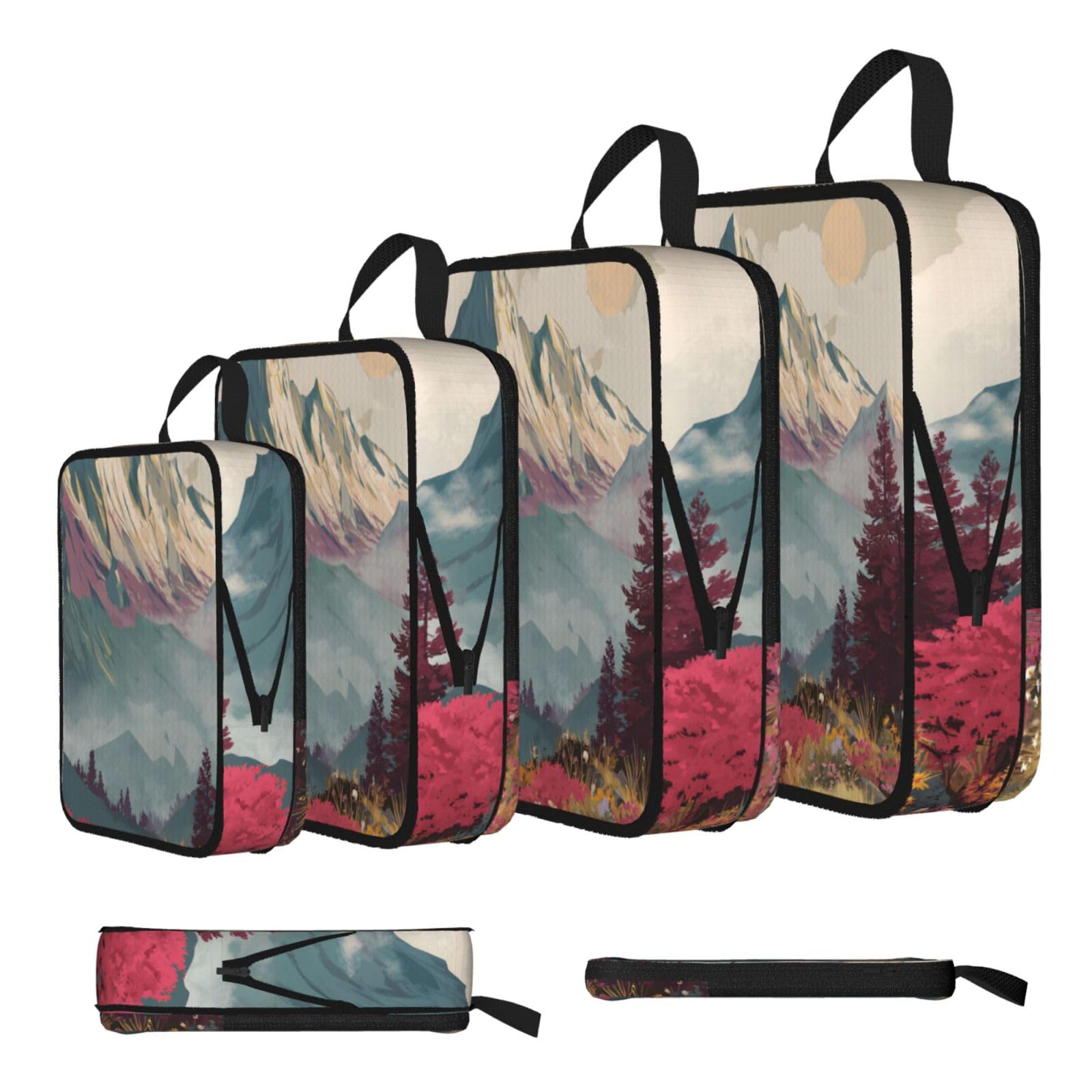 Mountain Print 4 Set Compression Packing Cubes For Suitcases,Expandable Storage Bags Organizers