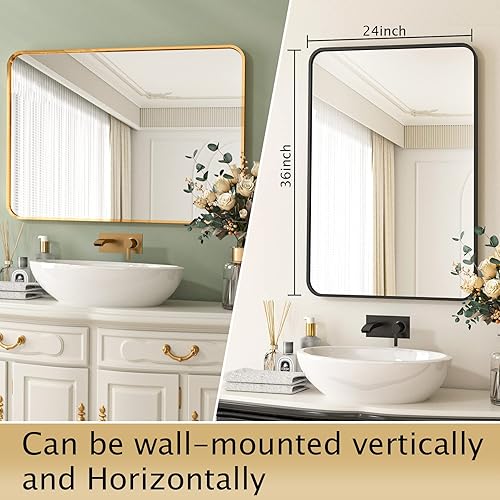 Miniatura 5 de HARRITPURE Espejo de baño redondeado de 24 x 36 pulgadas, espejo de pared rectangular con marco de aleación de aluminio, espejo colgante
