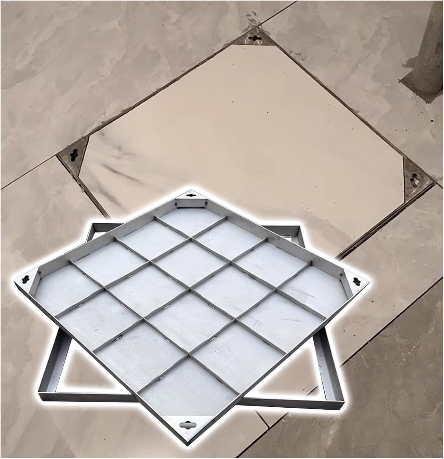 Pokrywa włazu studzienki ze stali nierdzewnej 304 z ramą – niewidoczna konstrukcja do ogrodu, podjazdu, trawnika, kostki brukowej (700 x 700 x 50 mm) – trwała, odporna na warunki atmosferyczne,