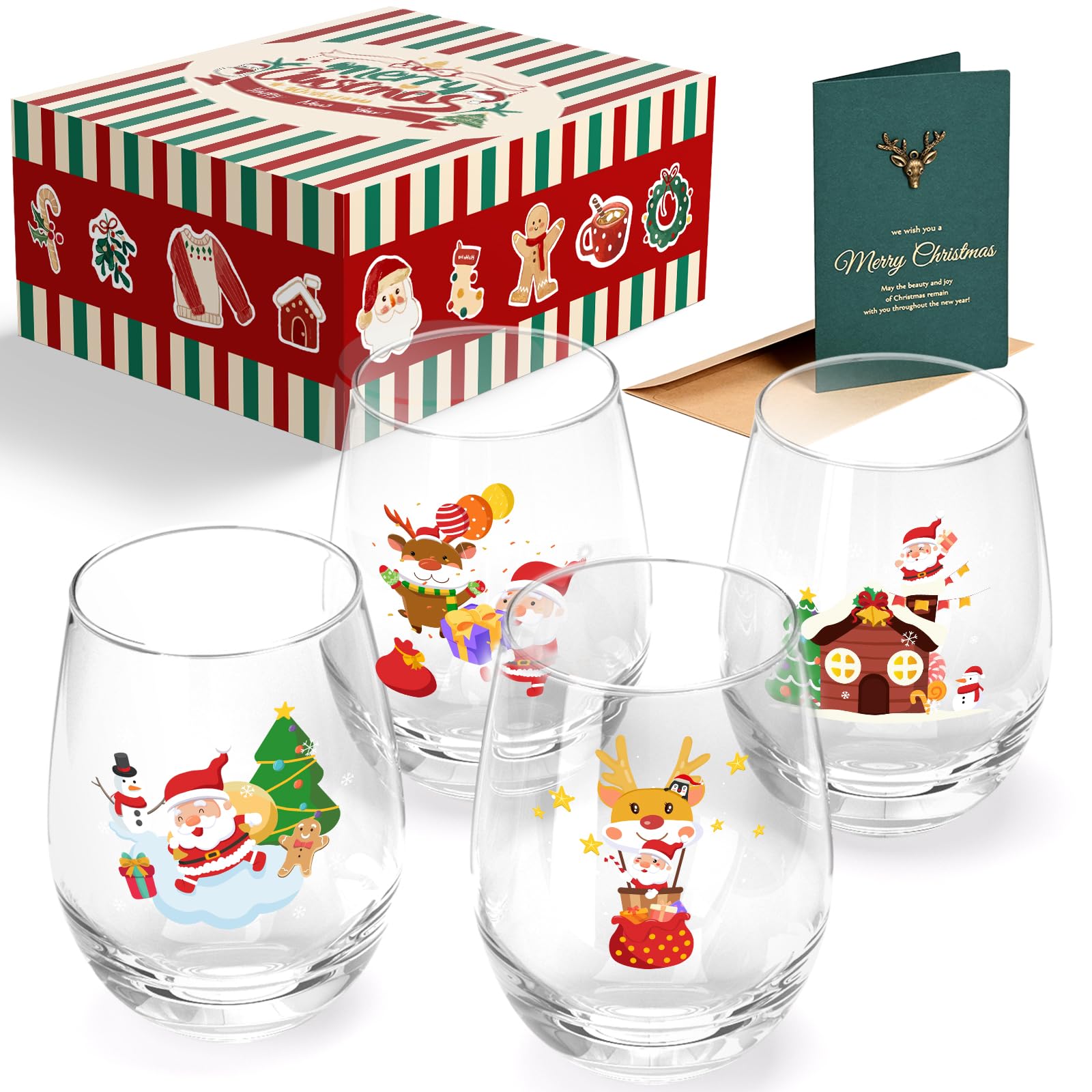 Joymaking Christmas Wine Glasses - Mulled Wine Glass Sets of 4, 17oz Funny Christmas Glasses
