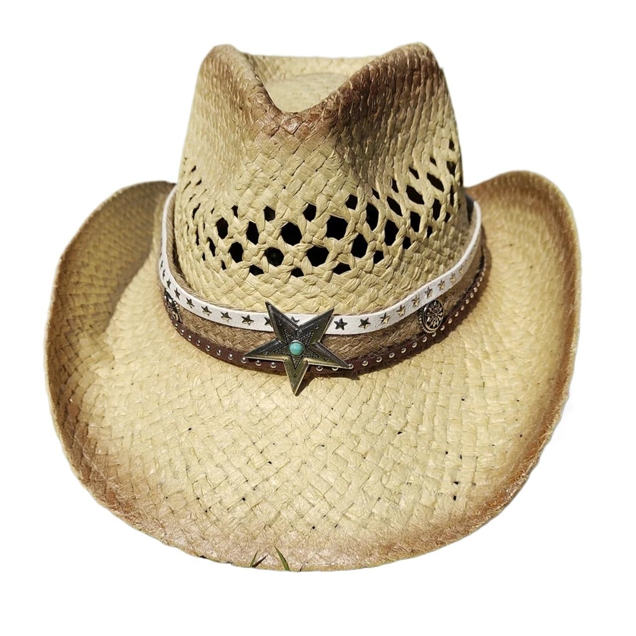 Sombrero de vaquero tejido hueco, sombrero paja, jazz con estrellas, occidental hierba, viaje Para Adulto