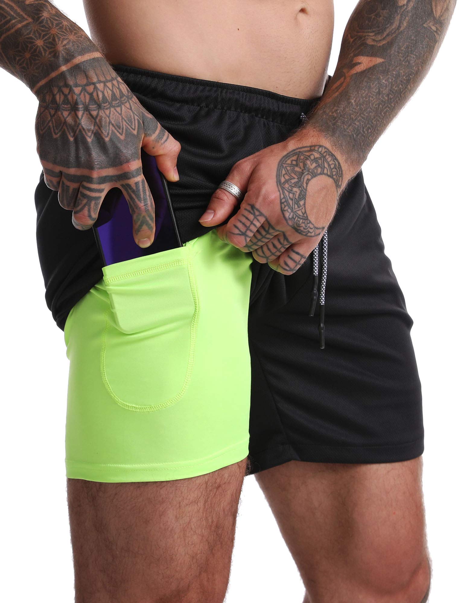 FLYFIREFLY Men's 2-in-1 Workout Running Shorts 7" Lightweight Gym Yoga Training Sport Short Pants