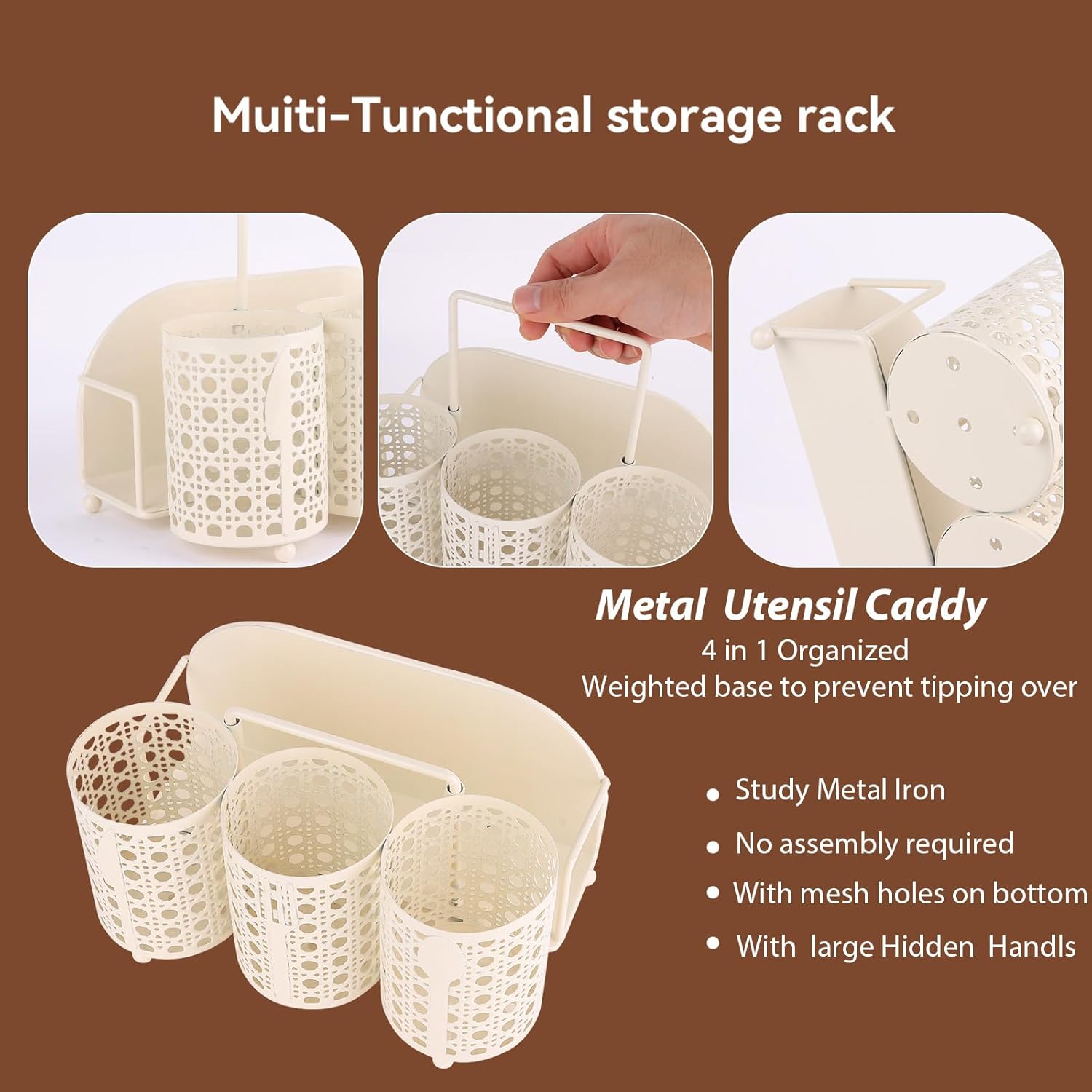 NelyBet Utensil Caddy Silverware Holder Fork Spoon Napkin Paper Plate Organizer Metal Utensil Holder Cutlery Flatware Organizers for Party Kitchen Countertop Camping Picnic - Cream Mesh