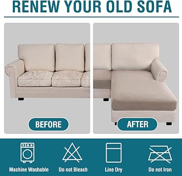 BellaHills Sectional Sofa Covers Sofa Seat Cushion Covers L Shape Separate Cushion Couch Chaise Cover for Sectional Sofa (Chaise + 3 Seater, Sand)