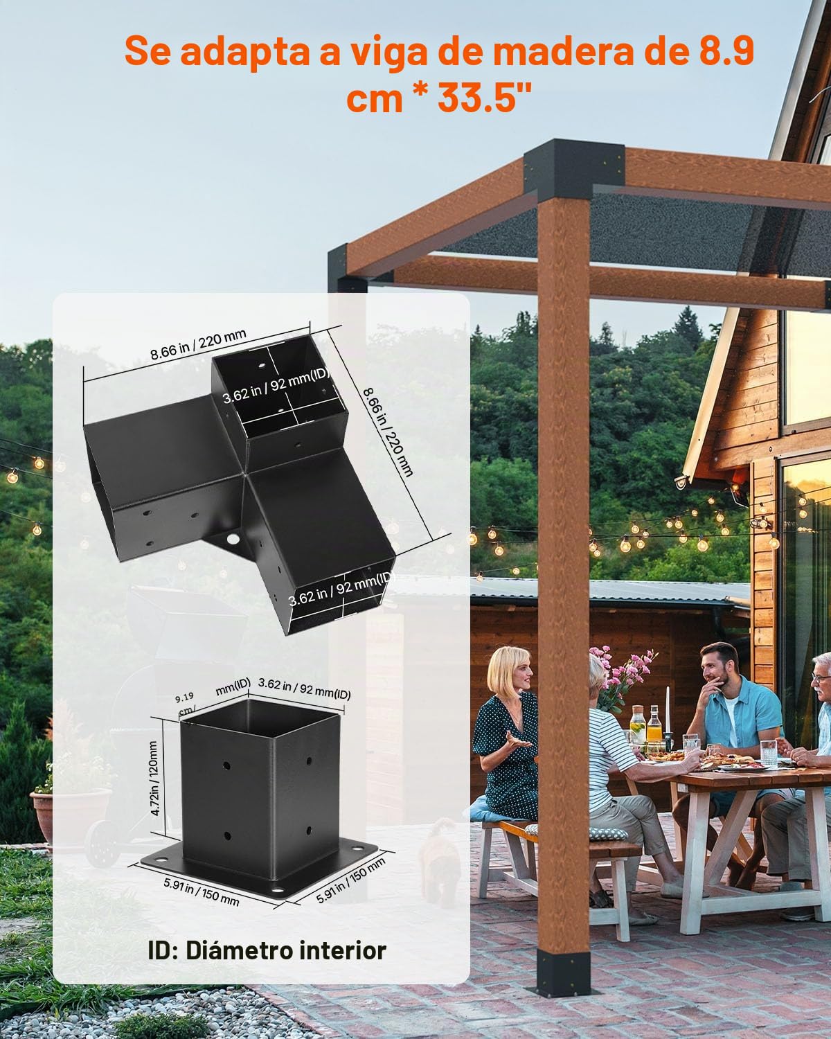VEVOR Kit de Soportes de Esquina Resistentes de 3 Vías a Pérgola 10 x 10 cm, a Postes de Carpintería, Fácil Instalación, Vigas de Madera a Cenadores, Pérgolas de Patio y Cabañas de Madera, 8 uds