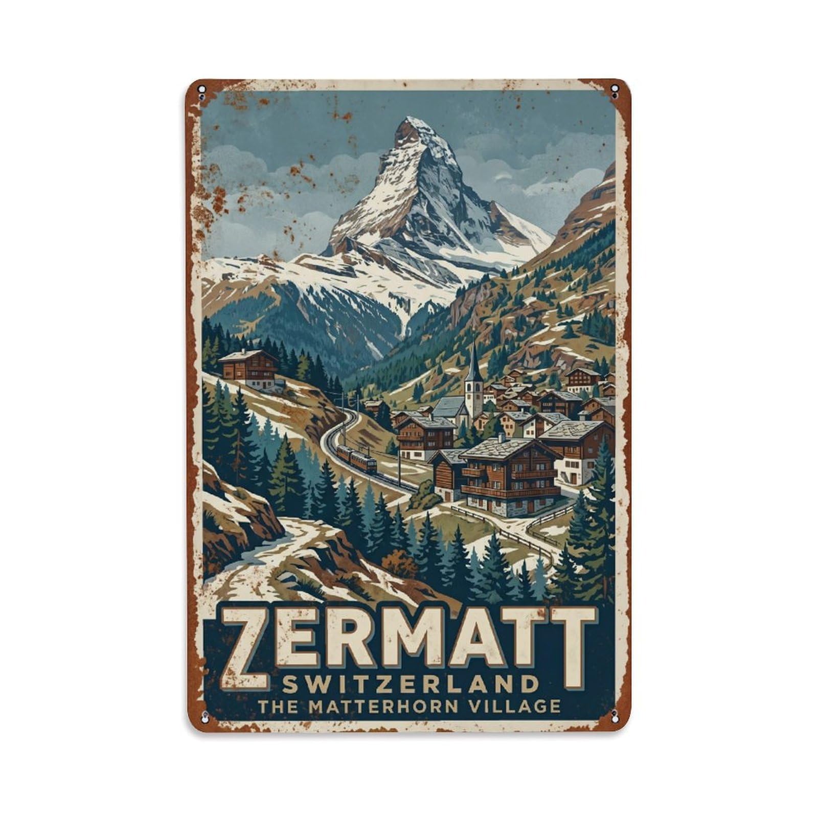 Vintage Travel Zermatt Switzerland Metal Tin Sign Wall Decor for Cafe, Club, Garden Metal Poster 8x12Inch