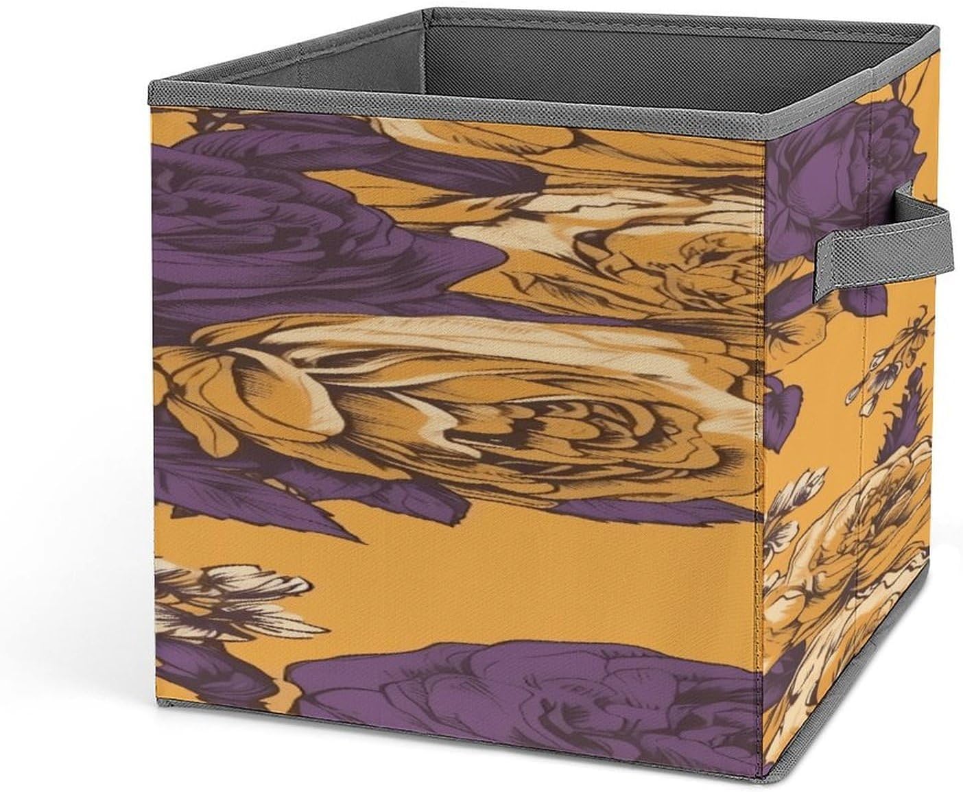 Roses And Purple Flowers Fabric Bins Storage Basket Square Baskets | Storage Bin with Double Handles,Cube Collapsible Organizers for Organization,Closet,Shelves,Offices