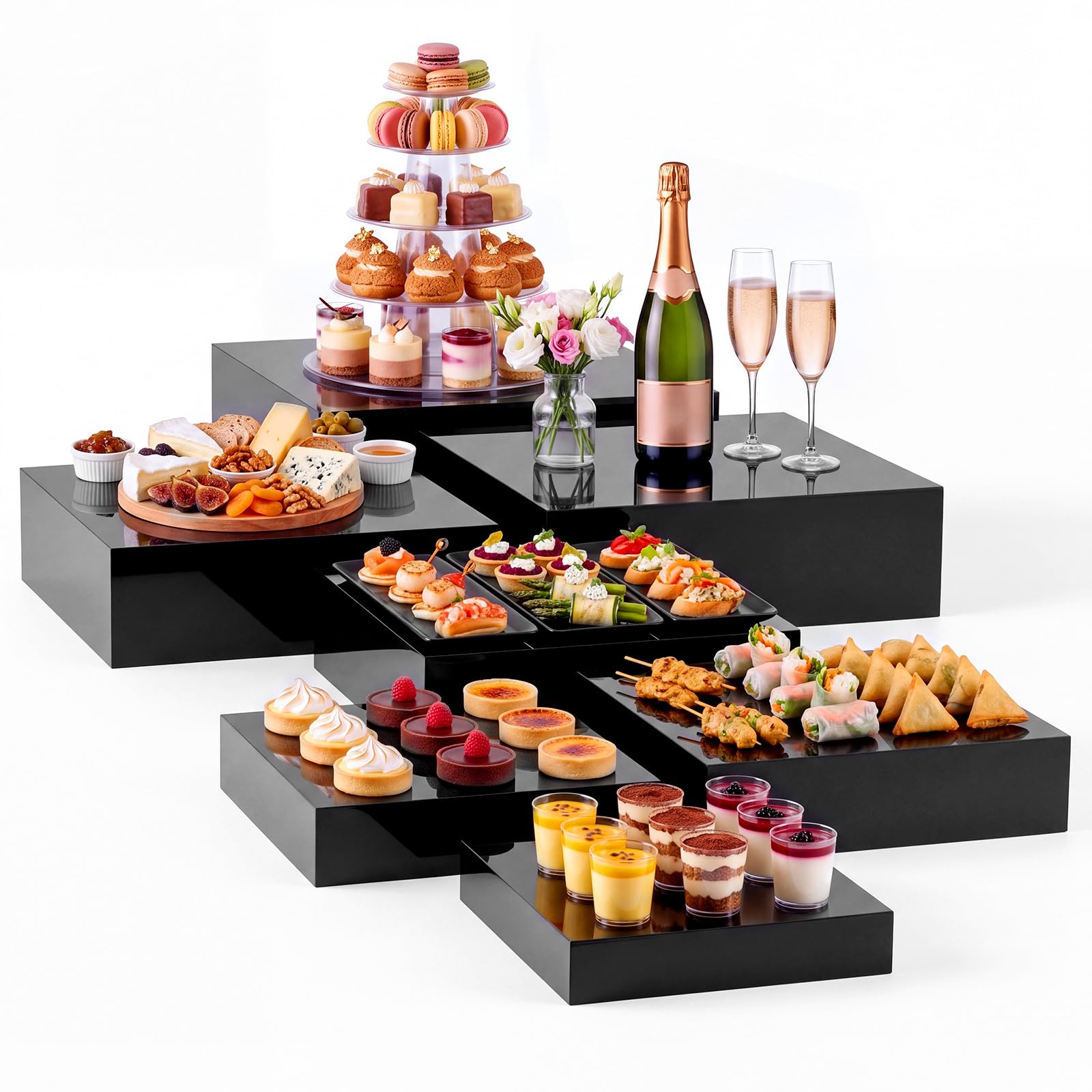 Leinuosen 7 Pcs Large Acrylic Buffet Risers, 8-14" Square, Black