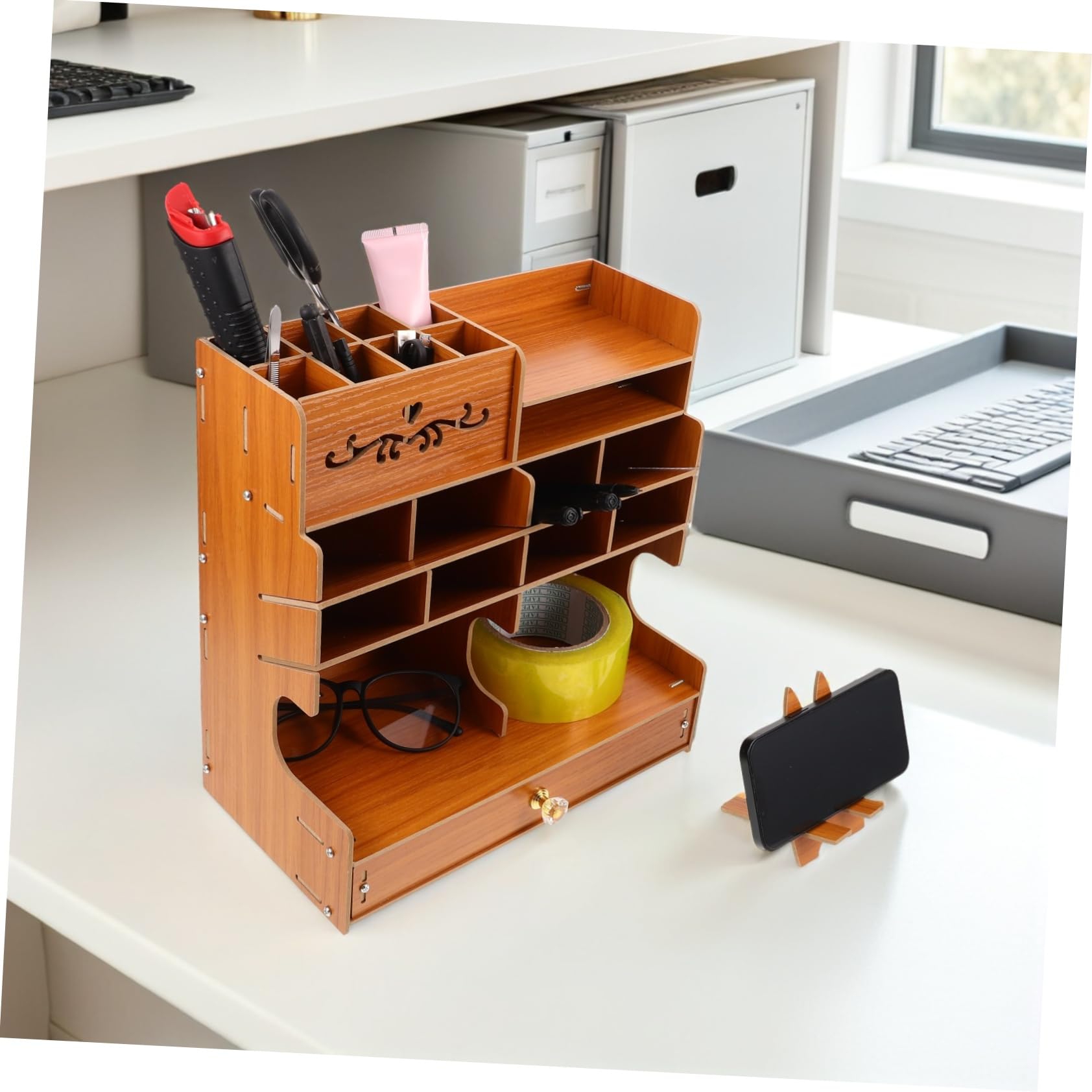 VILLCASE Portapenne in Legno con Scomparti Multipli per Scrivania Organizer da Ufficio per Penne Matite e Cancelleria Contenitore per Penne in Legno