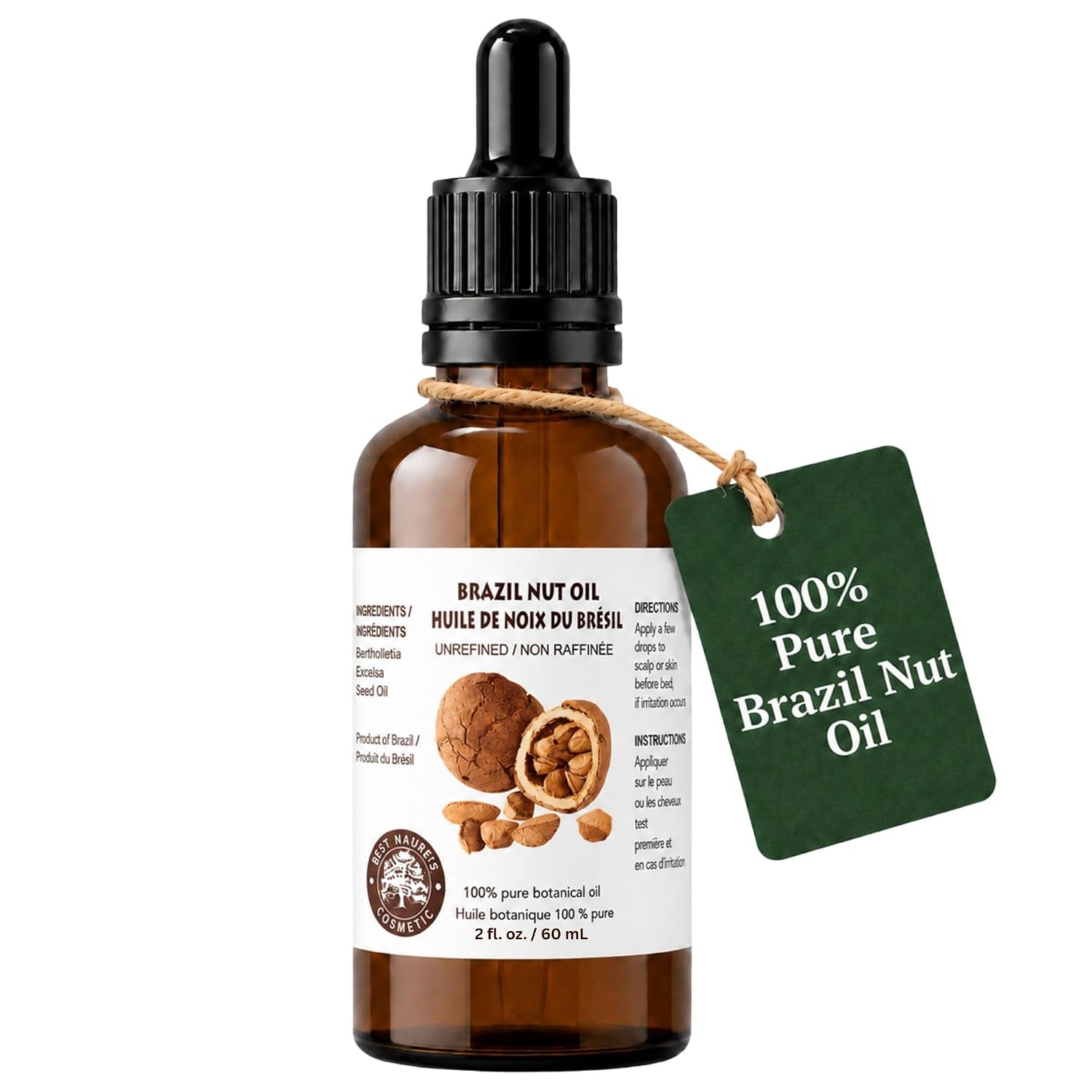 Best Nature's Cosmetics Virgin Organic Brazil Nut Oil, Hydrating Moisturizer for Skin & Hair, Cold-Pressed, Anti-Aging, Restores Radiance, Non-Greasy for Face & Body, Controls Frizz 2 Fl Oz - 60 ml image 2
