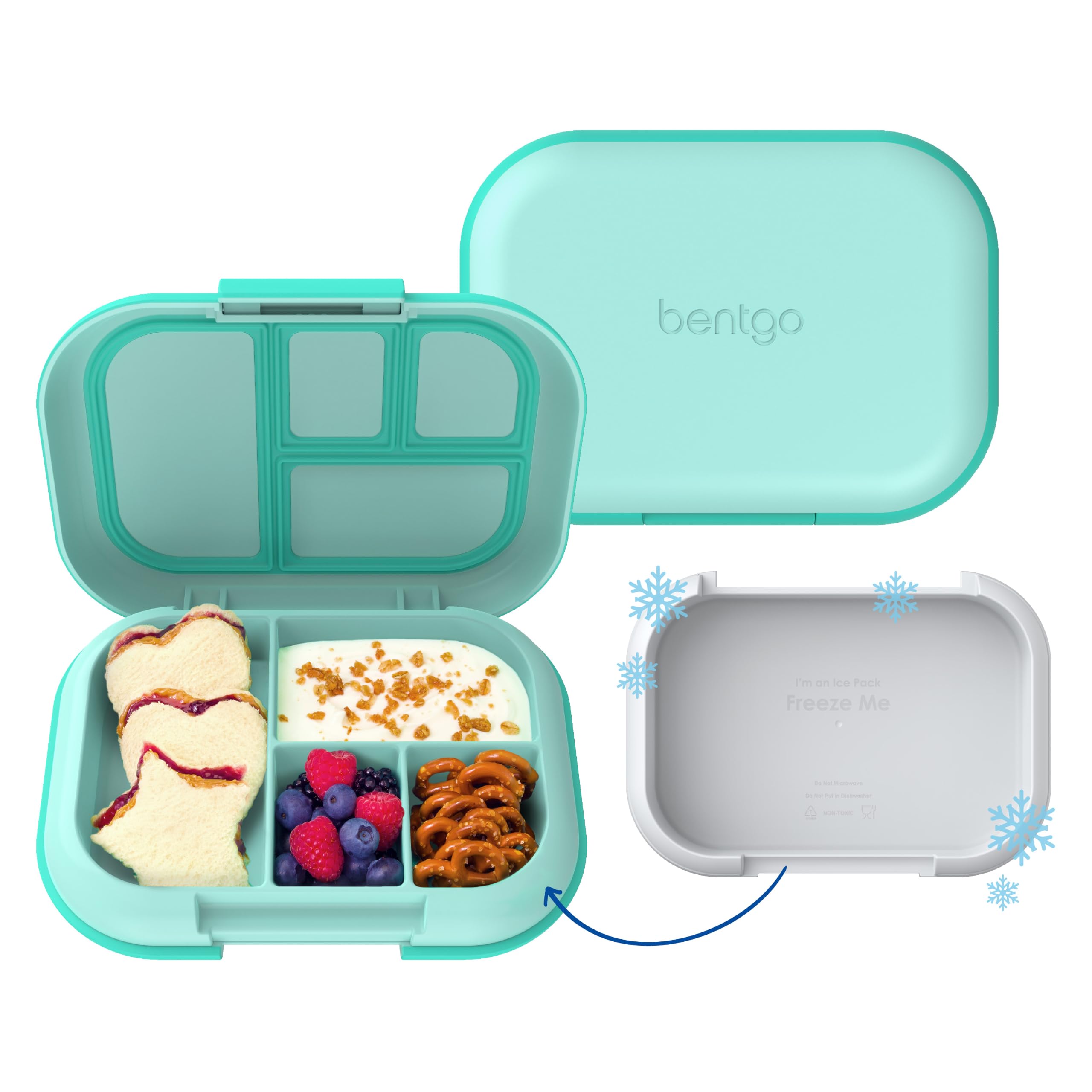 Bentgo Chill Kids Leakproof Lunch Box - 4-Compartment Bento Box with Built-In Ice Pack, 3.3 Cup Capacity, BPA-Free, Microwave & Dishwasher Safe Tray, Ages 3–7 (Aqua)