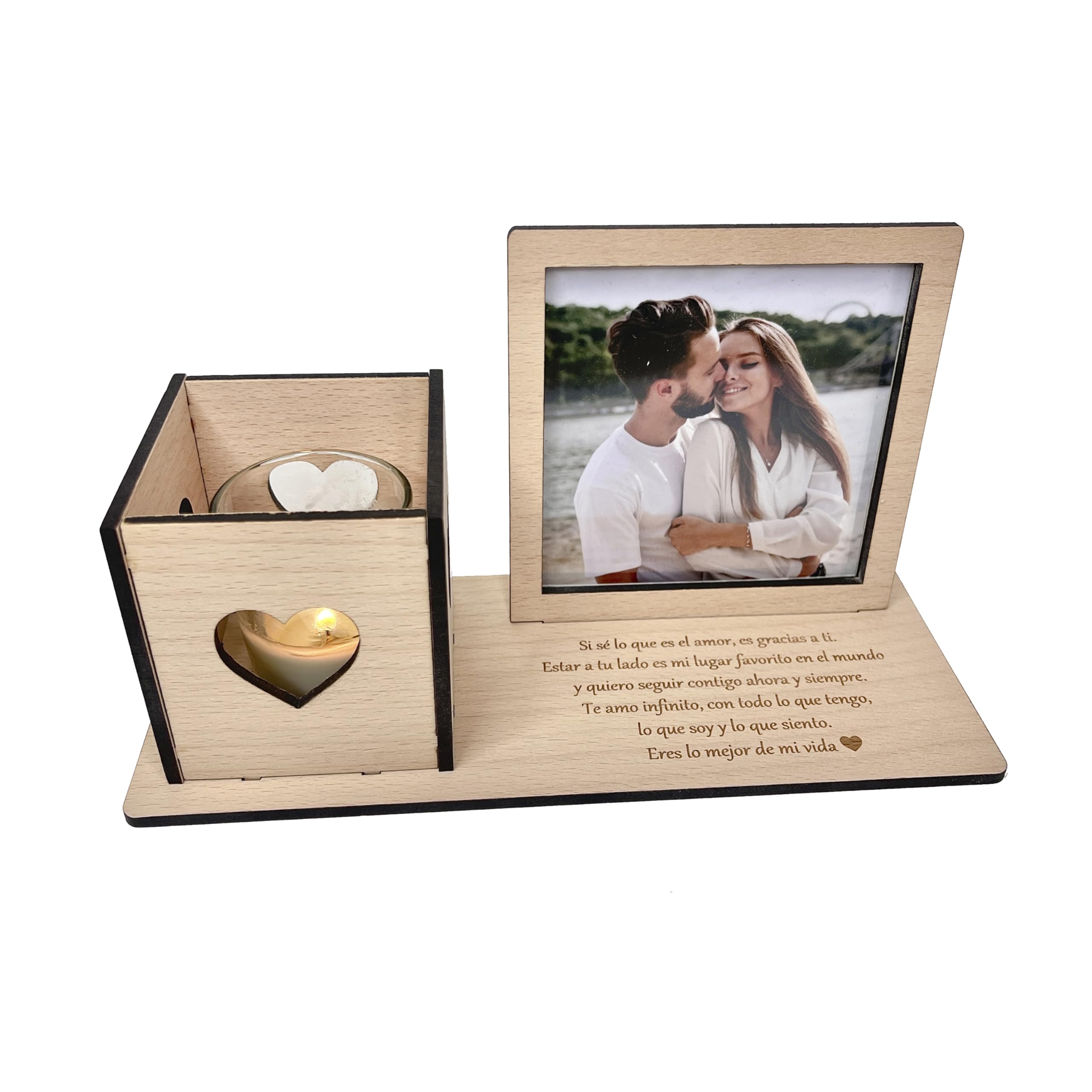 Qukimax® - Marco de fotos con portavelas y dedicatoria grabada, regalo original novios San Valentín, enamorados