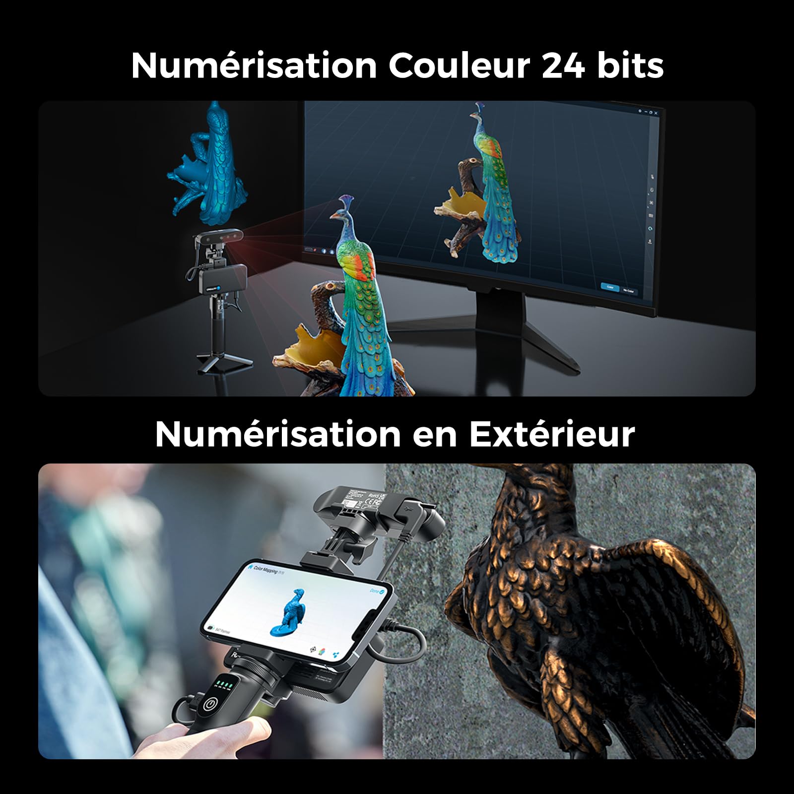 Creality Ferret Pro Scanner 3D, précision de 0,1 mm, WiFi 6 sans fil, technologie anti-tremblement, couleurs 24 bits pour métaux/noir (sans spray), extérieur jusqu'à 30k Lux, compatible avec Mac/iOS